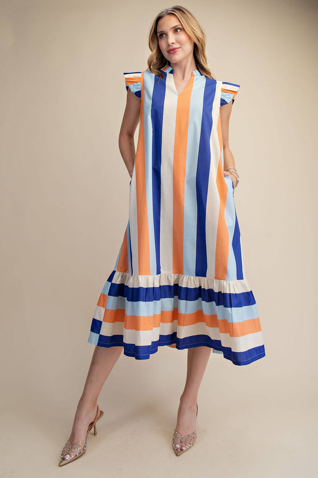 Ruffle Neck Sleeveless Flutter Stripe Midi Dress