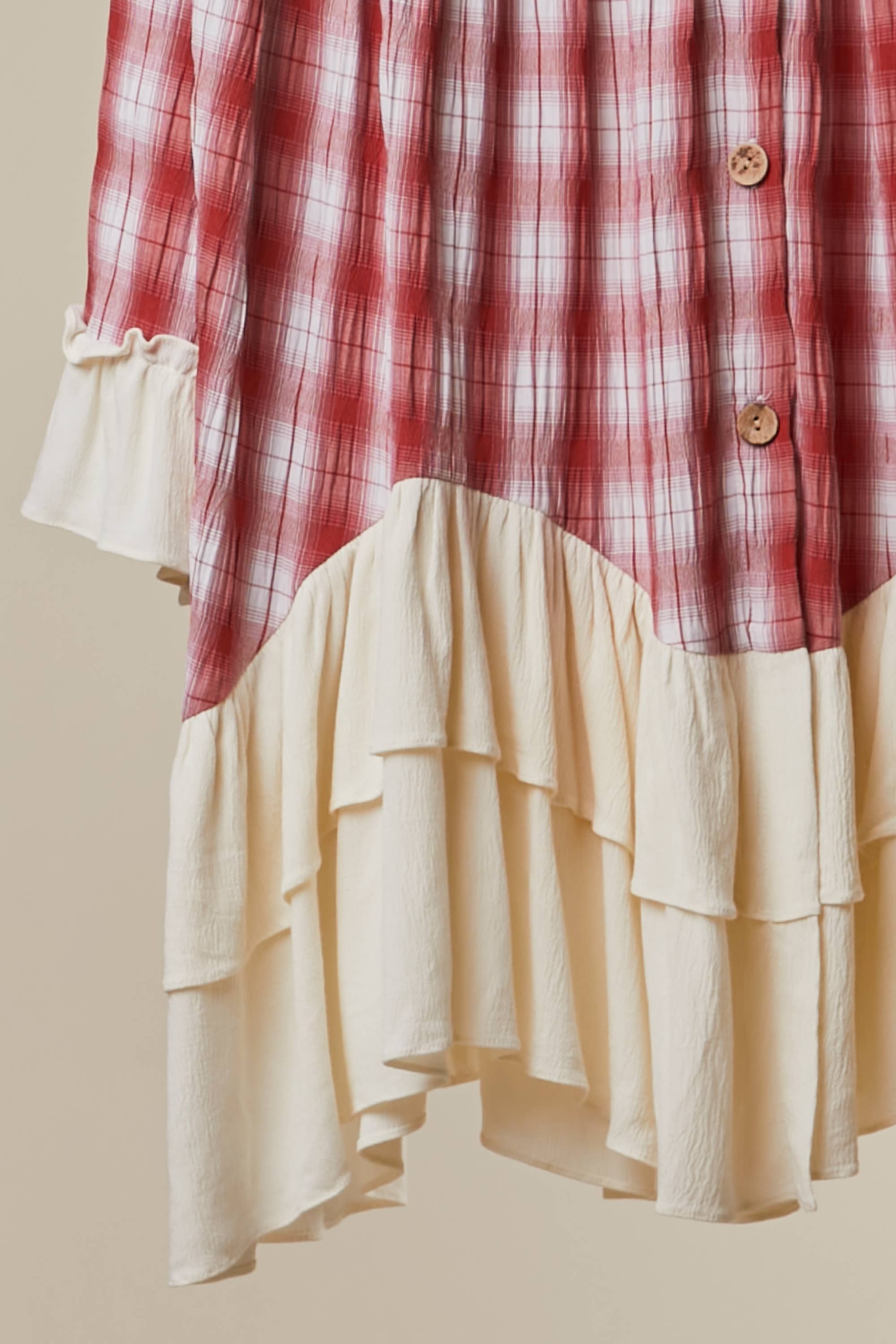 BOHO PLAID BUTTON-DOWN SHIRT DRESS WITH RUFFLED