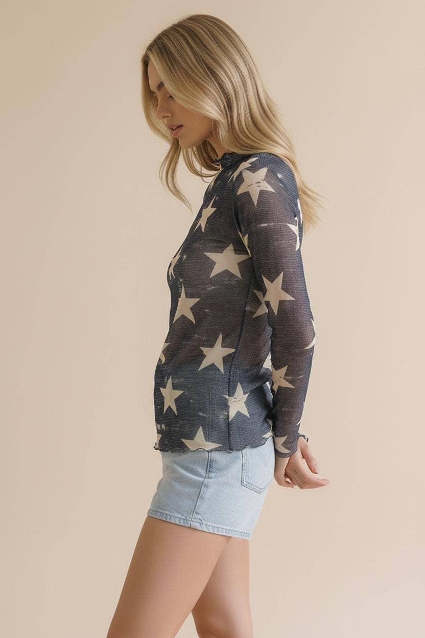 High Neck Line Vintage Star Print Mesh Top