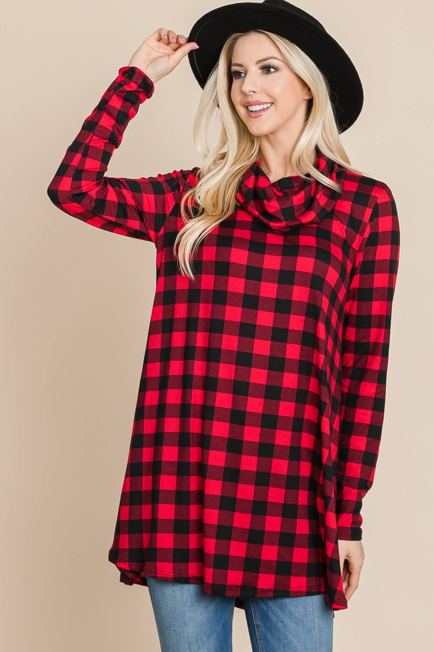 Red Check Cowl Neck Tunic