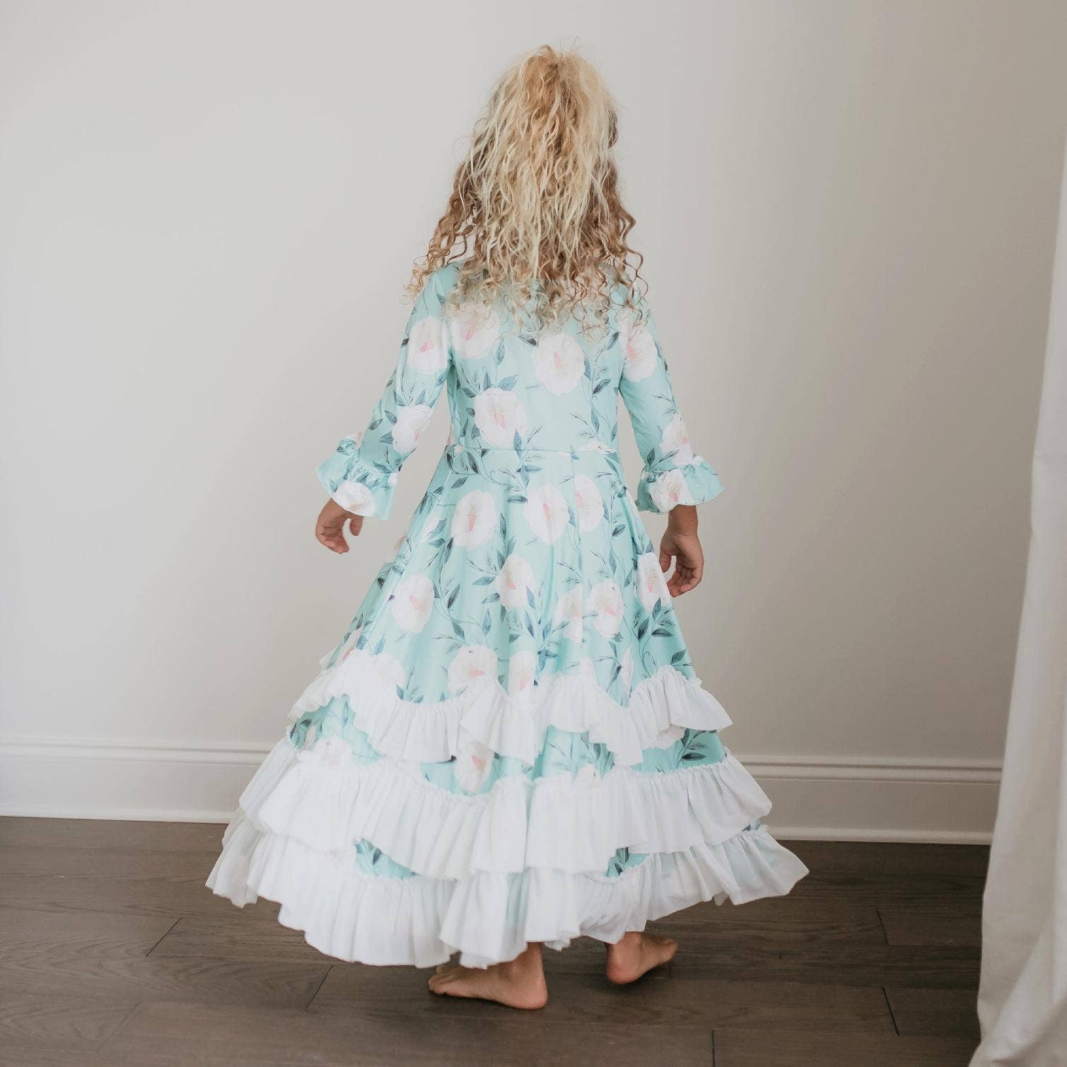 Kids Winter Mint Floral Long Sleeve Fall Ruffles Dress