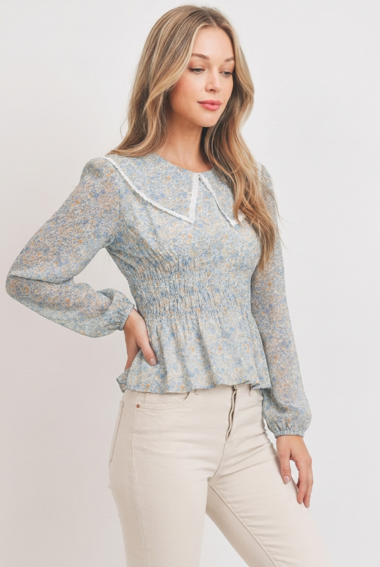 C12513A Floral Print Blouse with Lace Collar
