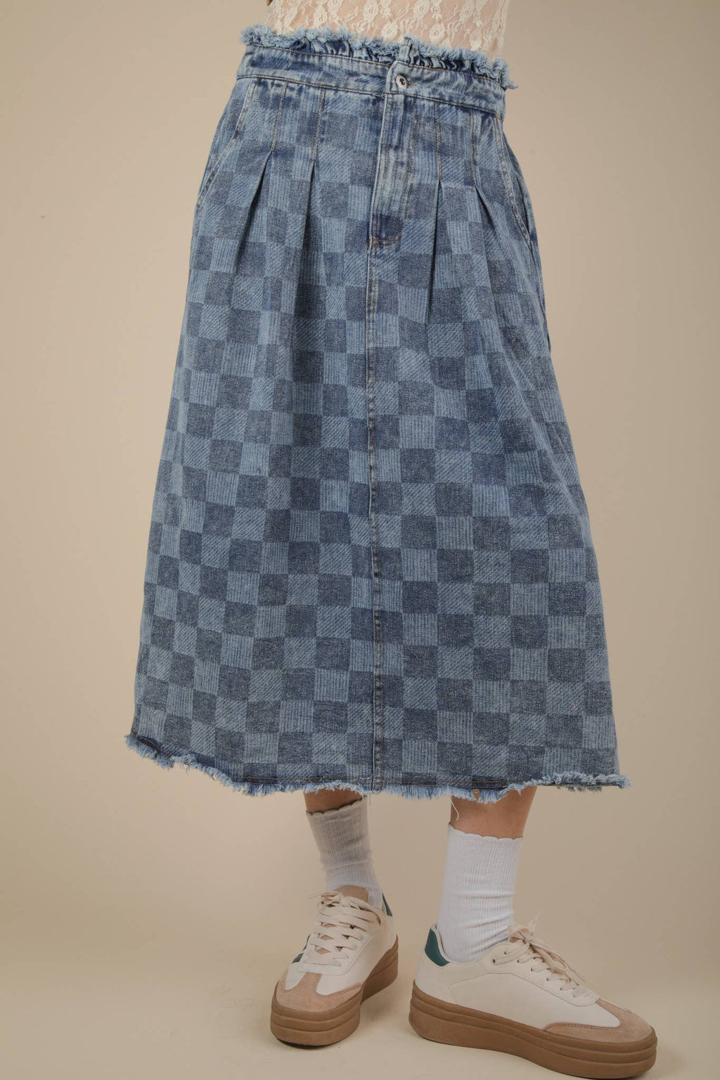 Washed Checkered Denim Midi Skirt