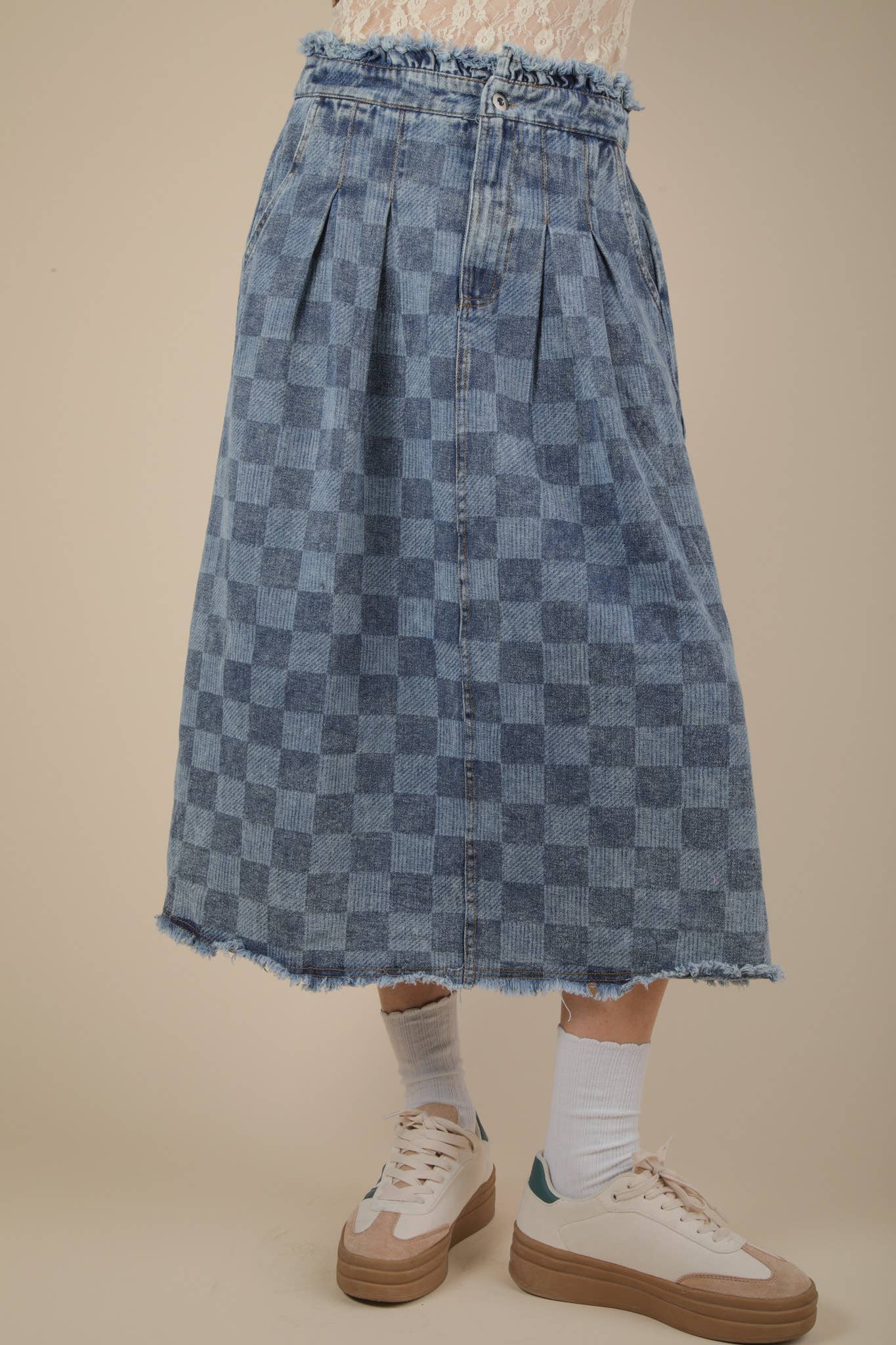 Washed Checkered Denim Midi Skirt