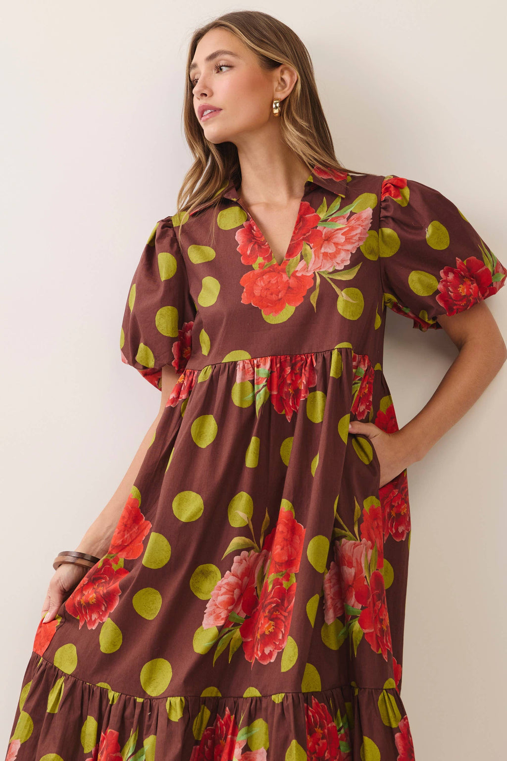 CD07547-Floral Polka Dot Tiered Maxi Dress