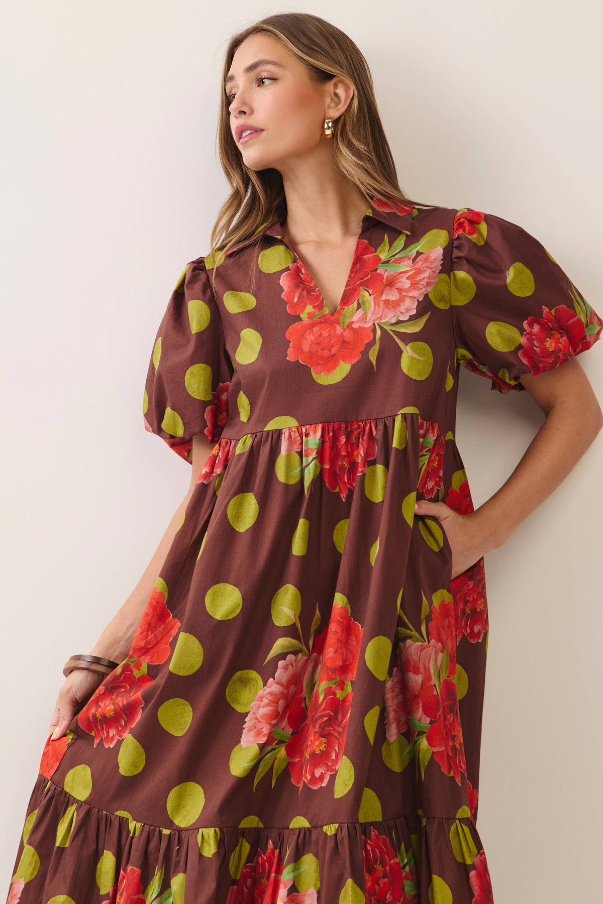 CD07547-Floral Polka Dot Tiered Maxi Dress
