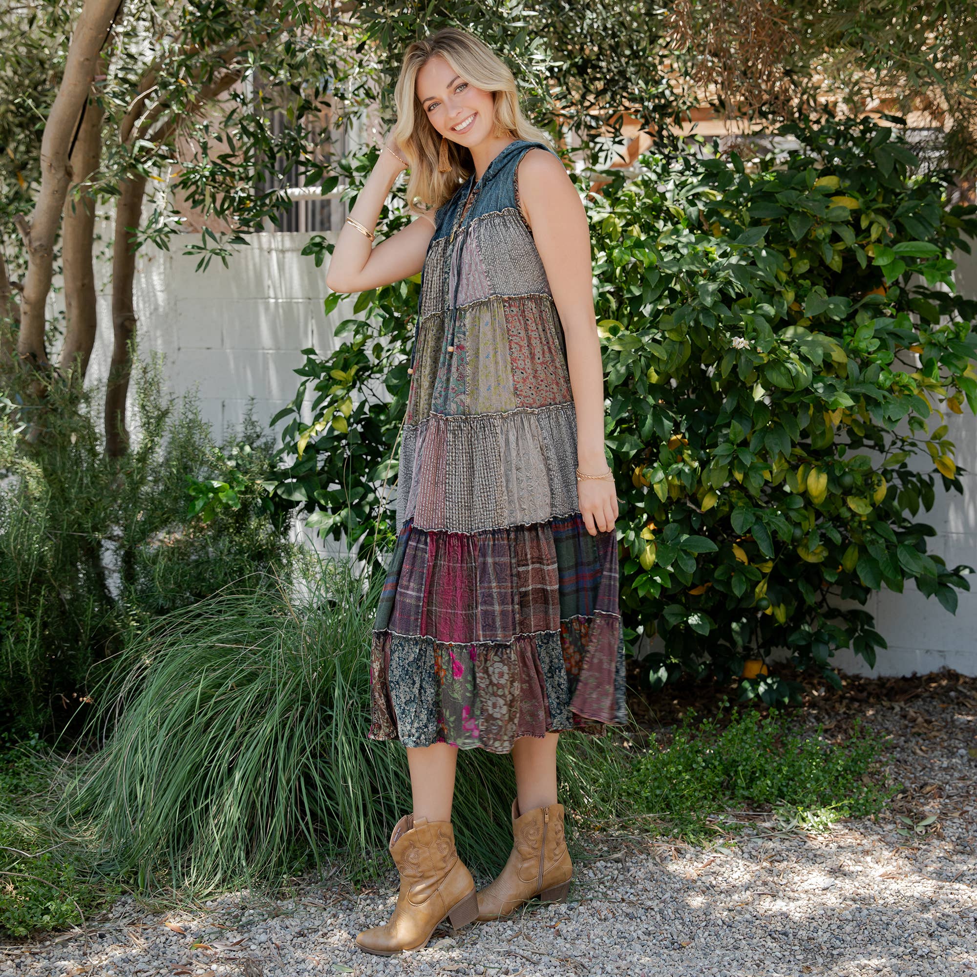 Boho Patchwork Sleeveless Maxi Duster With Hoodie NEW
