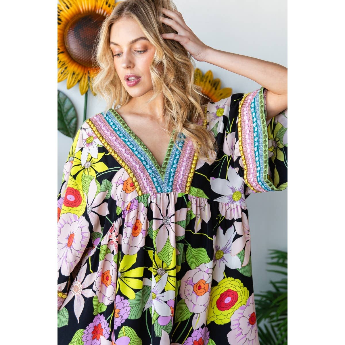 Vintage Big Floral Embroidered Neckline Dress *Final Sale*