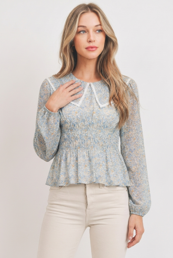 C12513A Floral Print Blouse with Lace Collar