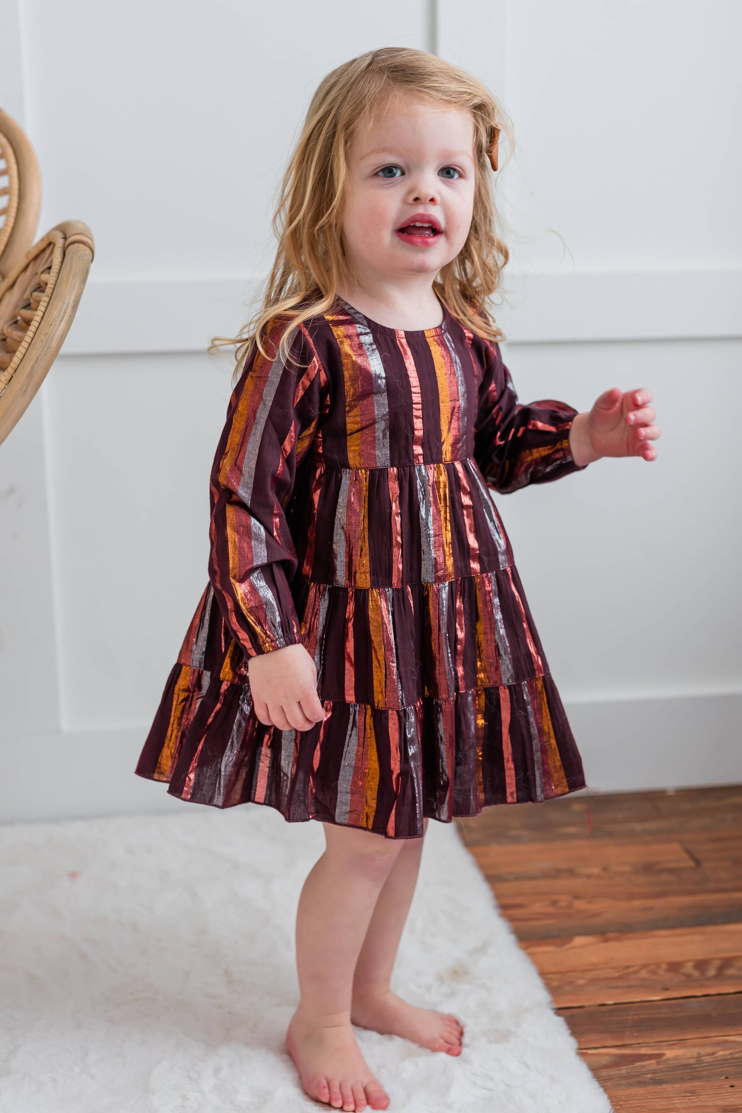 Burgundy Multi Lurex Tiered Long Sleeve Dress