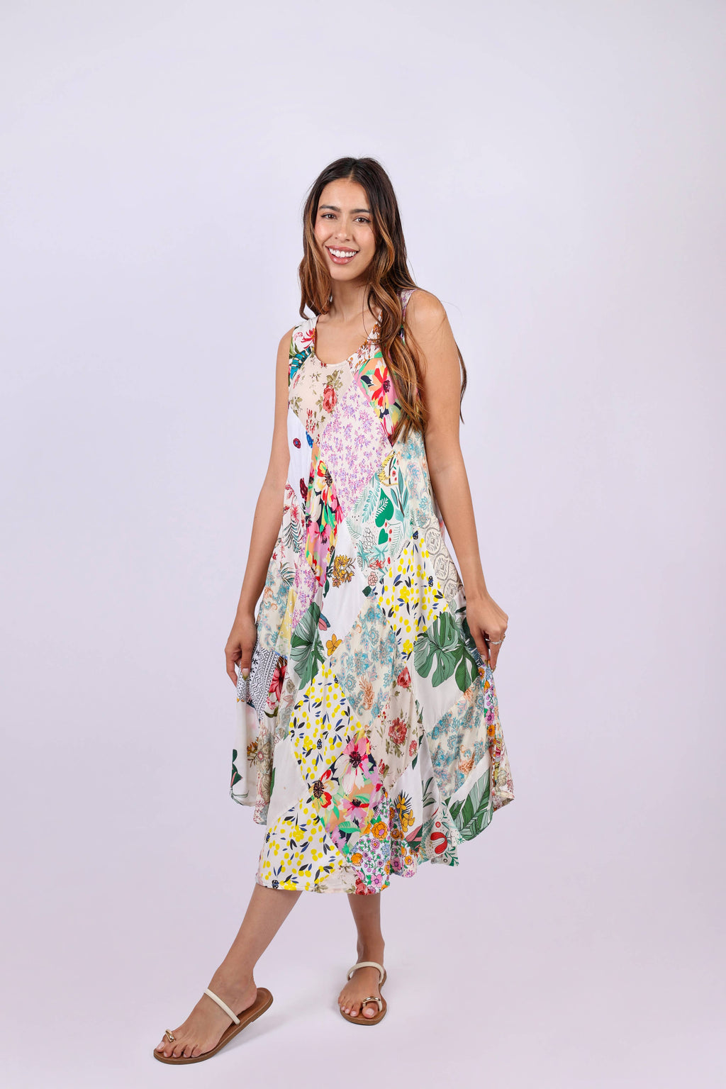 White Floral Umbrella Dress in Upcycled Patchwork