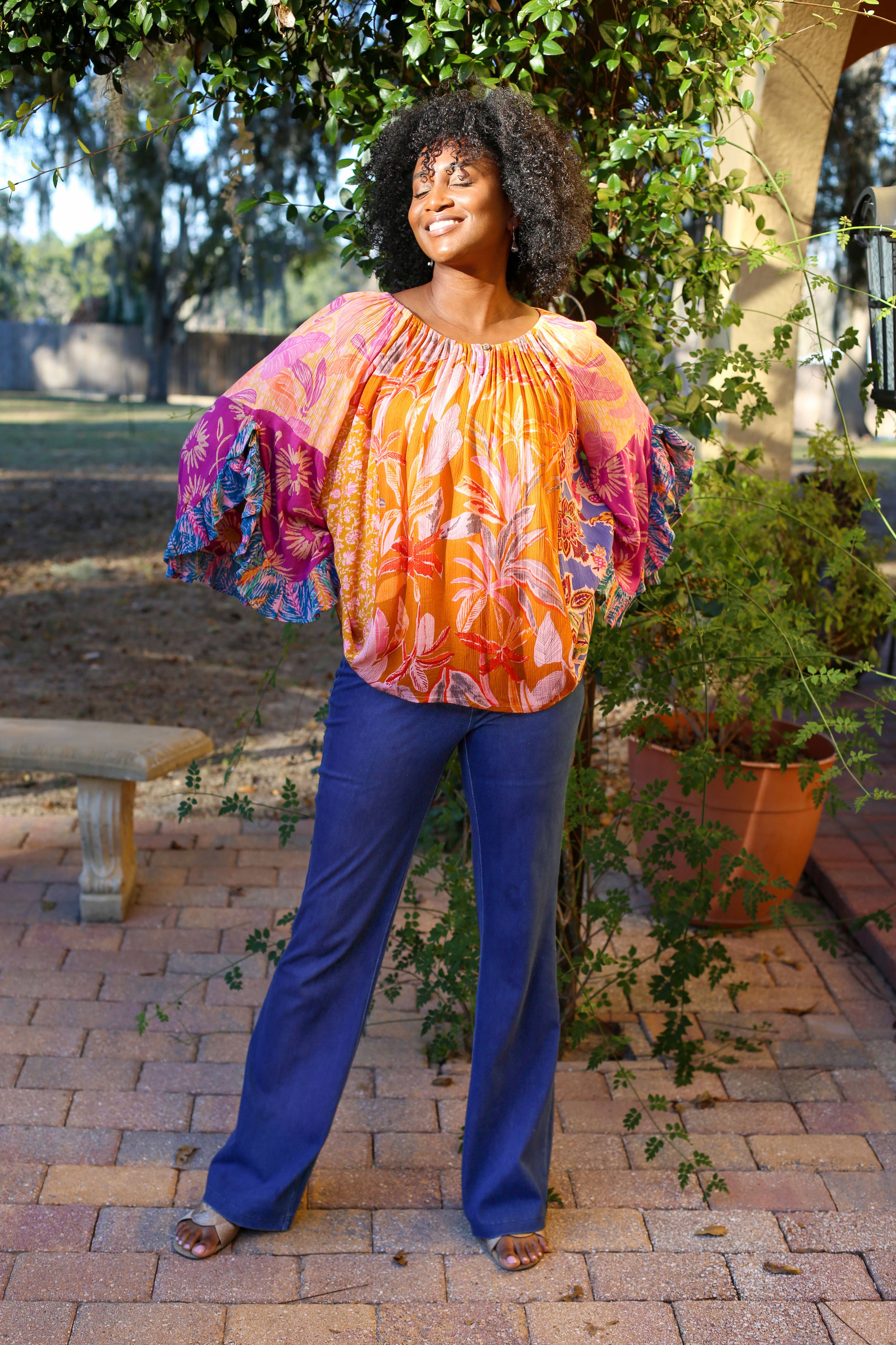 Flair Sleeve Floral Blouse: Rose Meadow Patchwork