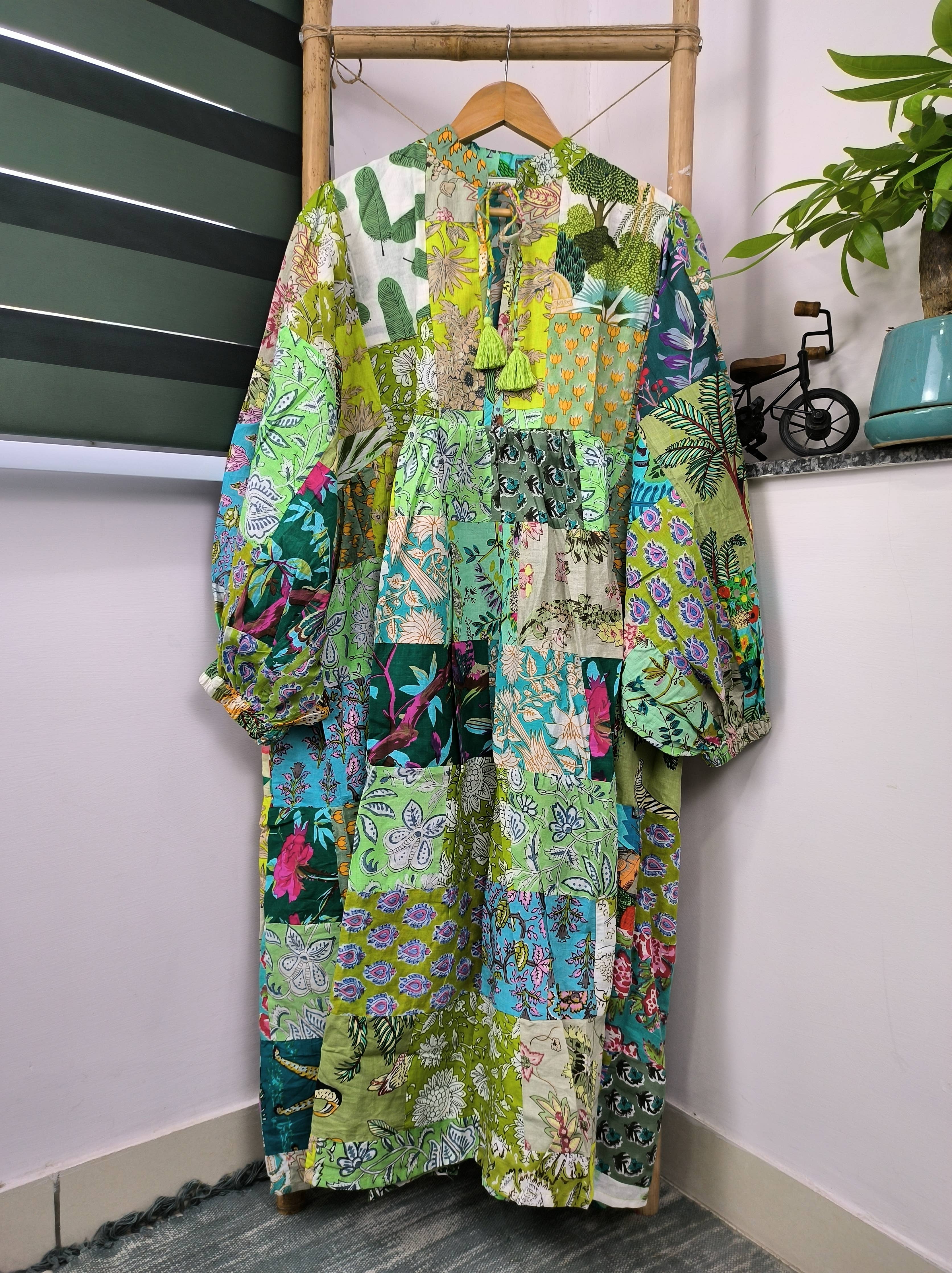 Hand Patchwork Dress - Green Cotton