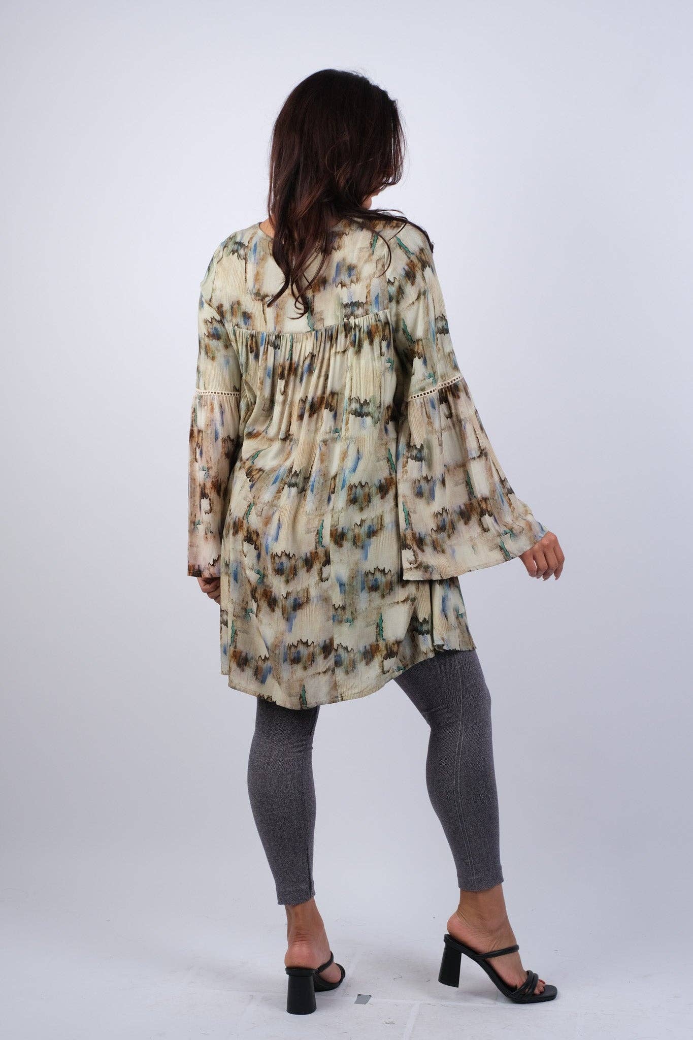 Abstract Camel Tunic with Flared Sleeves
