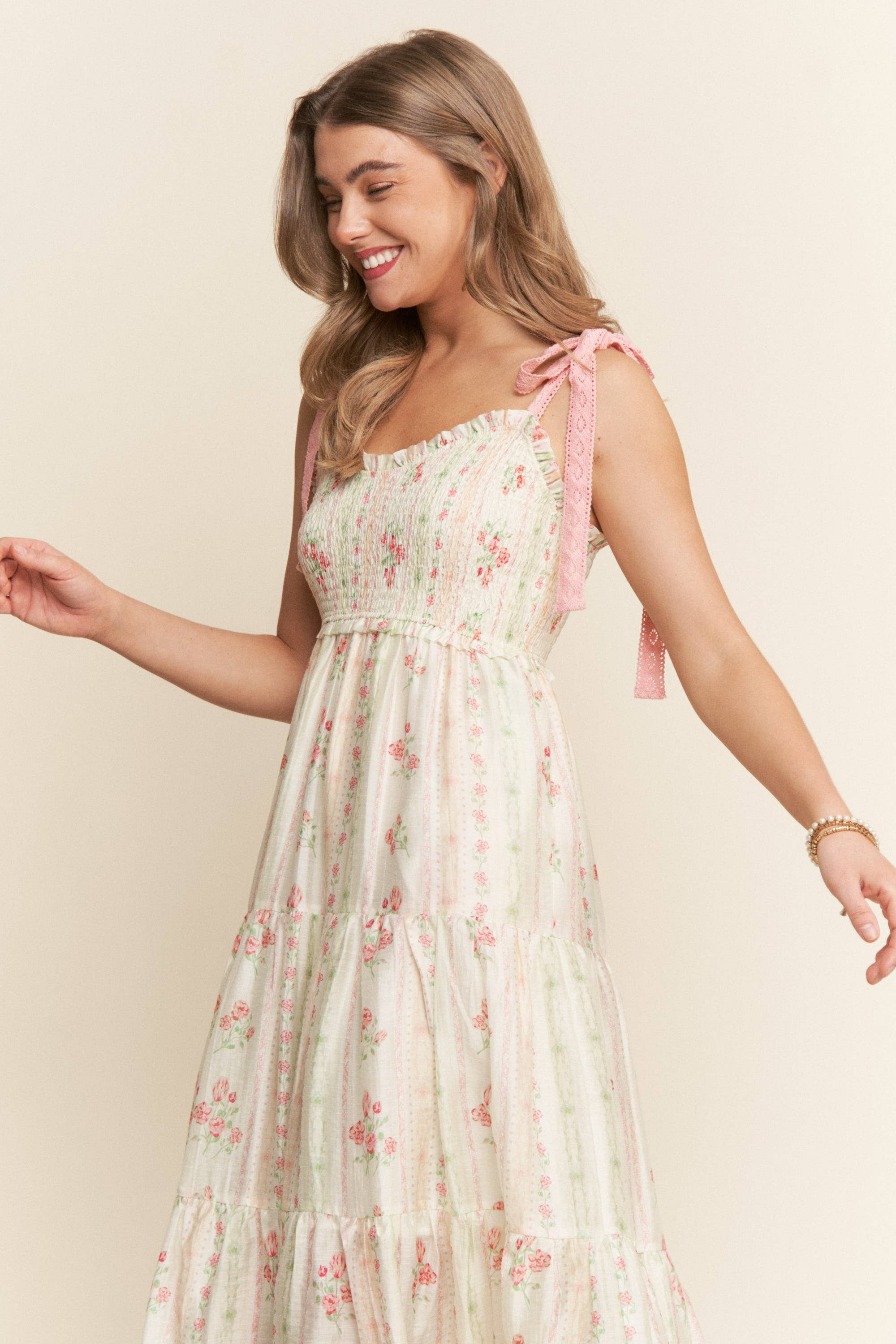 PINK FLORAL PRINTS AND LACE RIBBON STRAPS