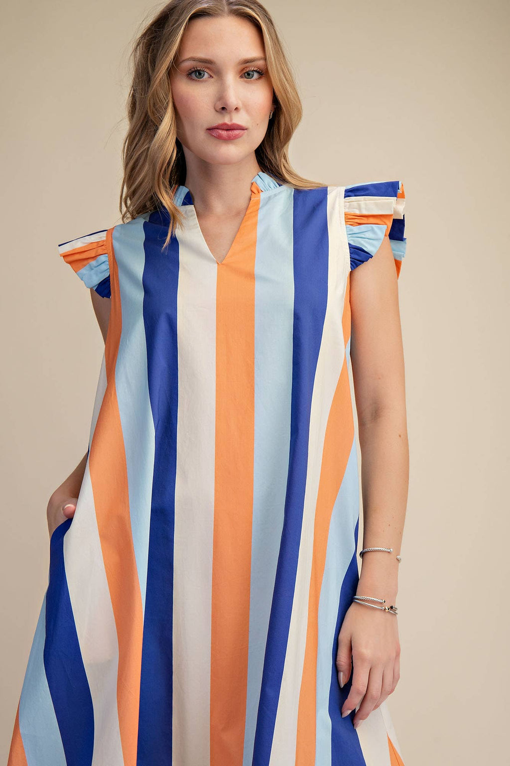 Ruffle Neck Sleeveless Flutter Stripe Midi Dress