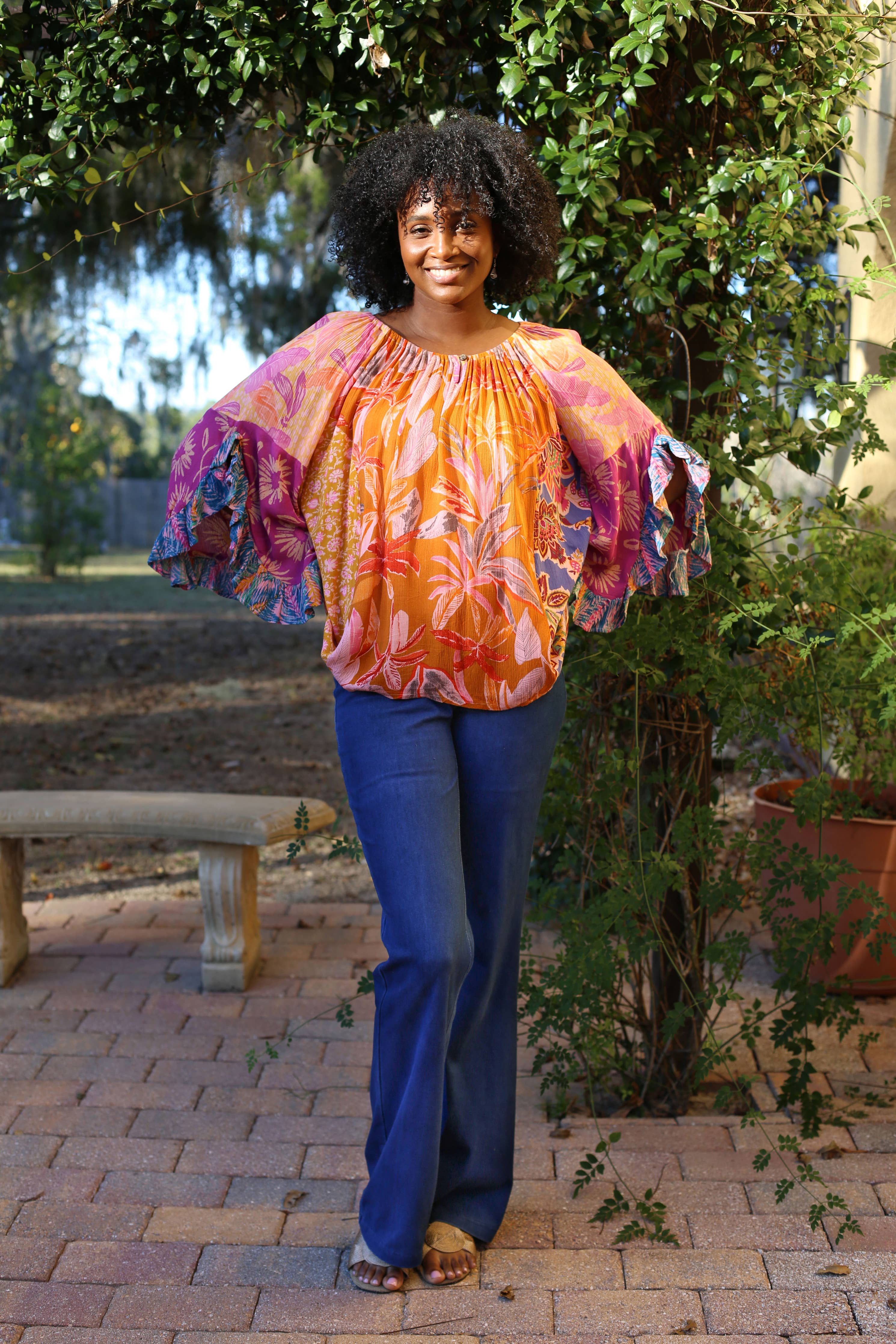 Flair Sleeve Floral Blouse: Rose Meadow Patchwork