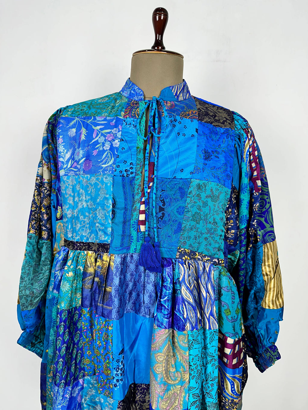 Hand Patchwork Dress - Blue Silk