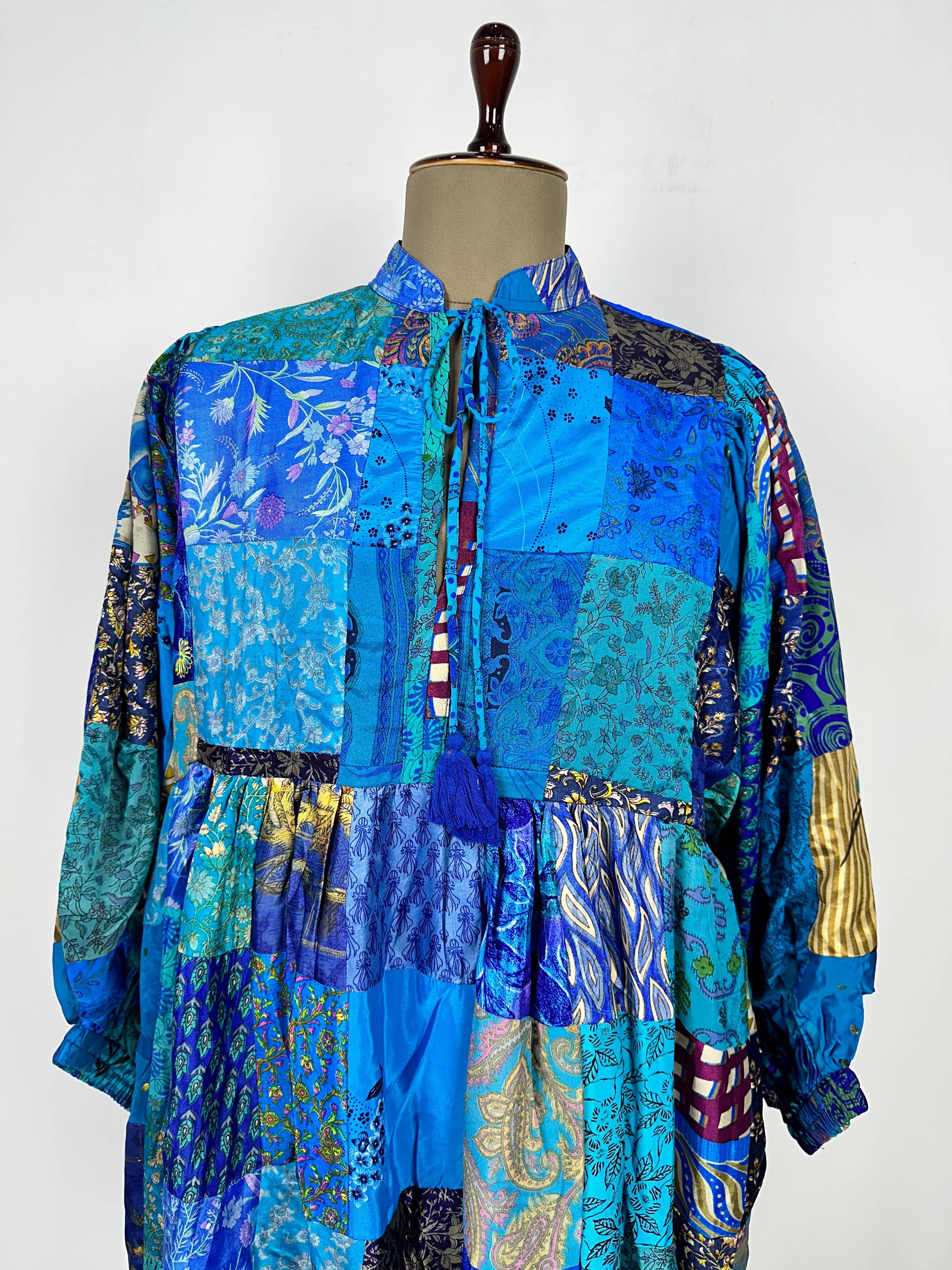 Hand Patchwork Dress - Blue Silk