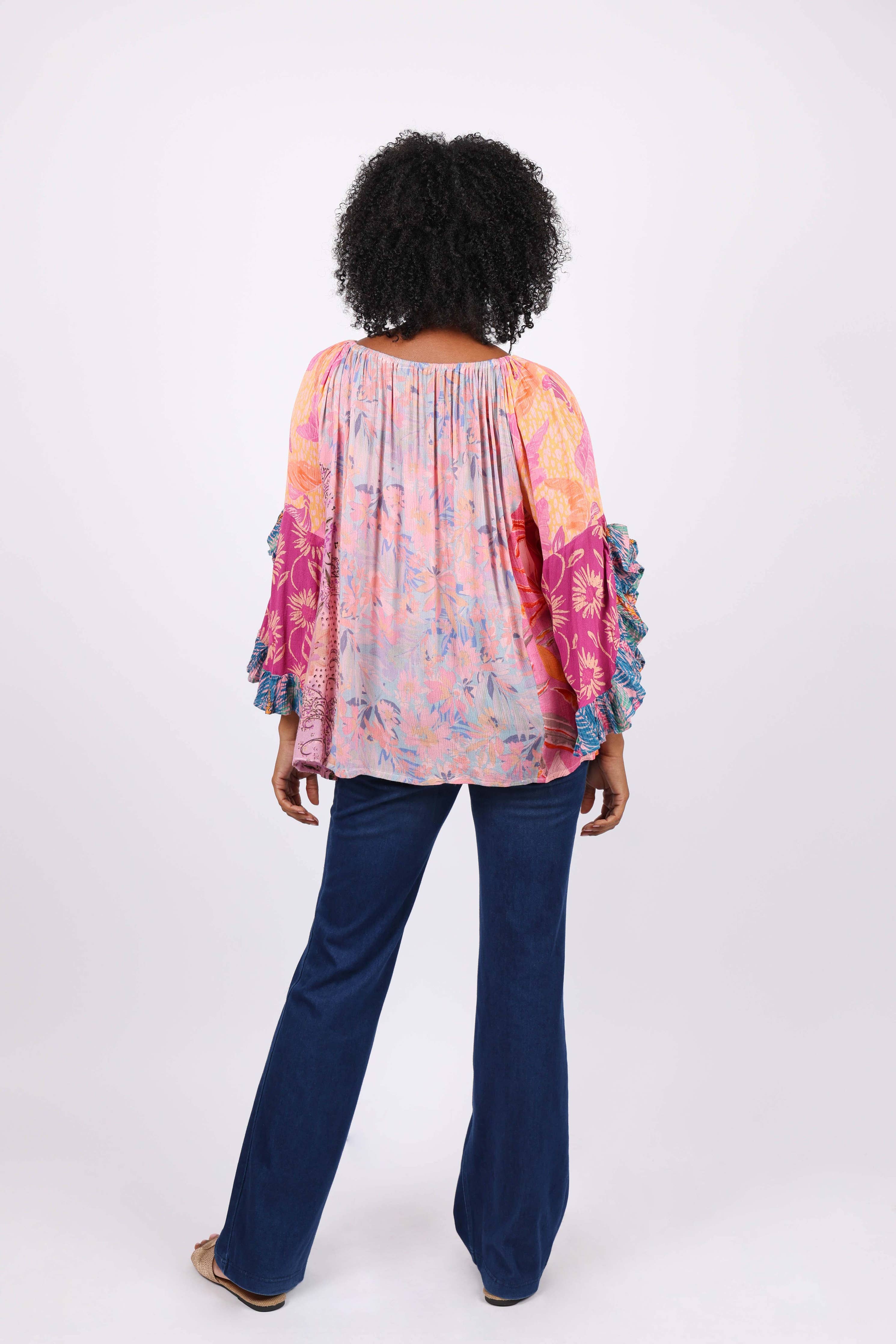 Flair Sleeve Floral Blouse: Rose Meadow Patchwork