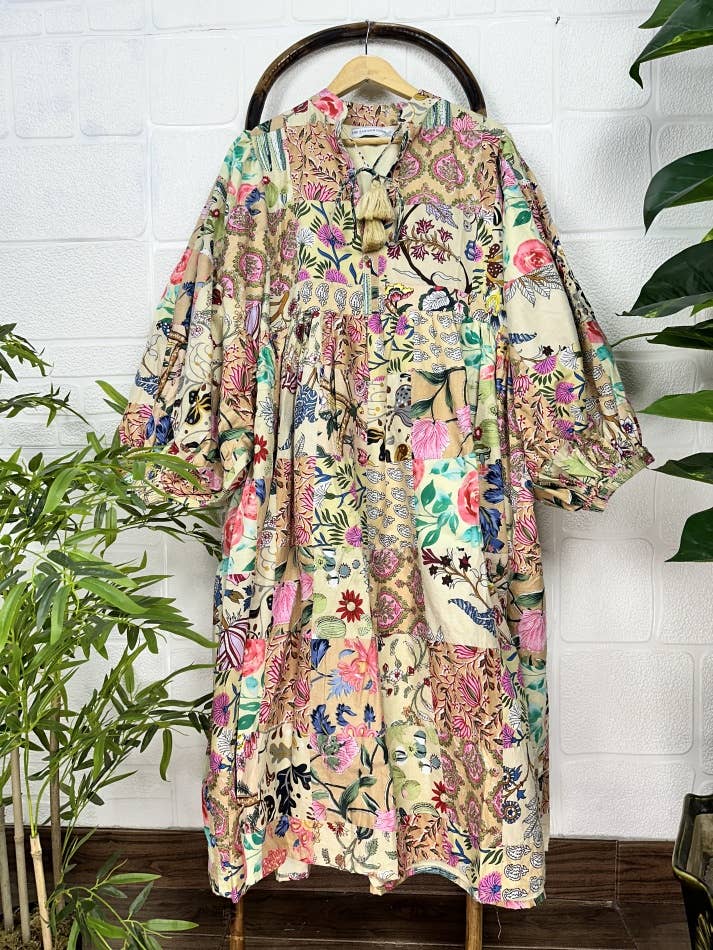 Hand Patchwork Cotton Dress - Beigh