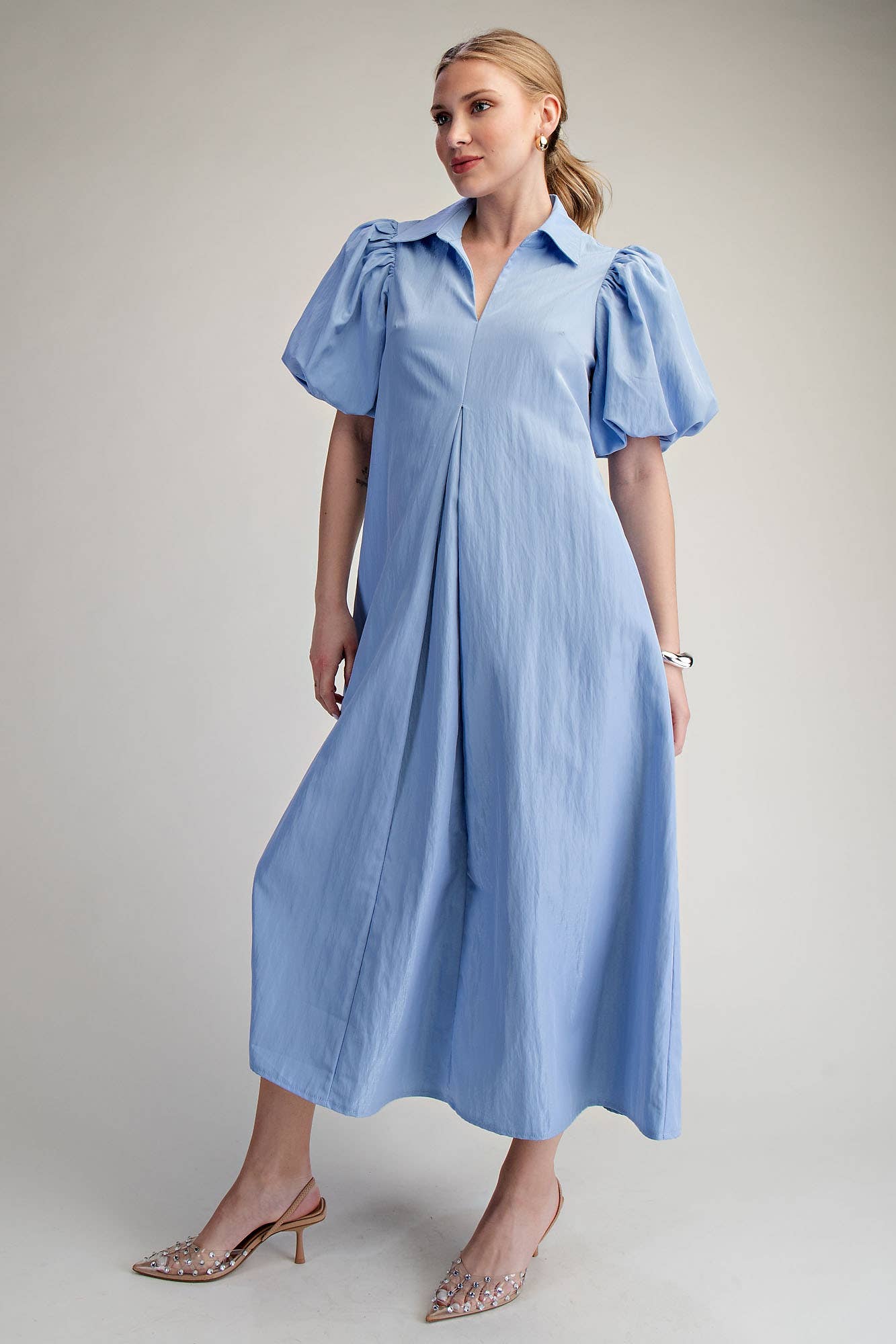 Collar V-Neck Puff Sleeve Pleated Midi Dress