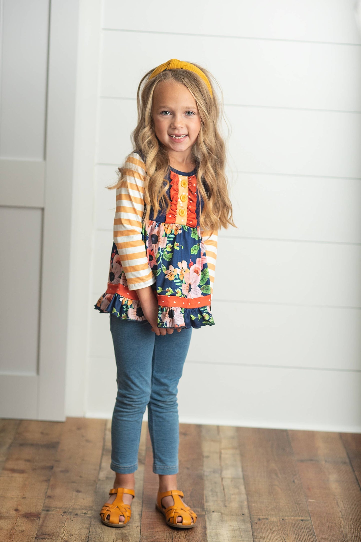 Kids Navy & Mustard Stripe Ruffle Button Long Sleeve Shirt