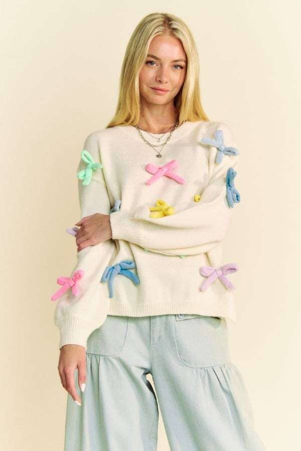 MULTI COLOR RIBBON BOW TIE LOOSE FIT KNIT SWEATER