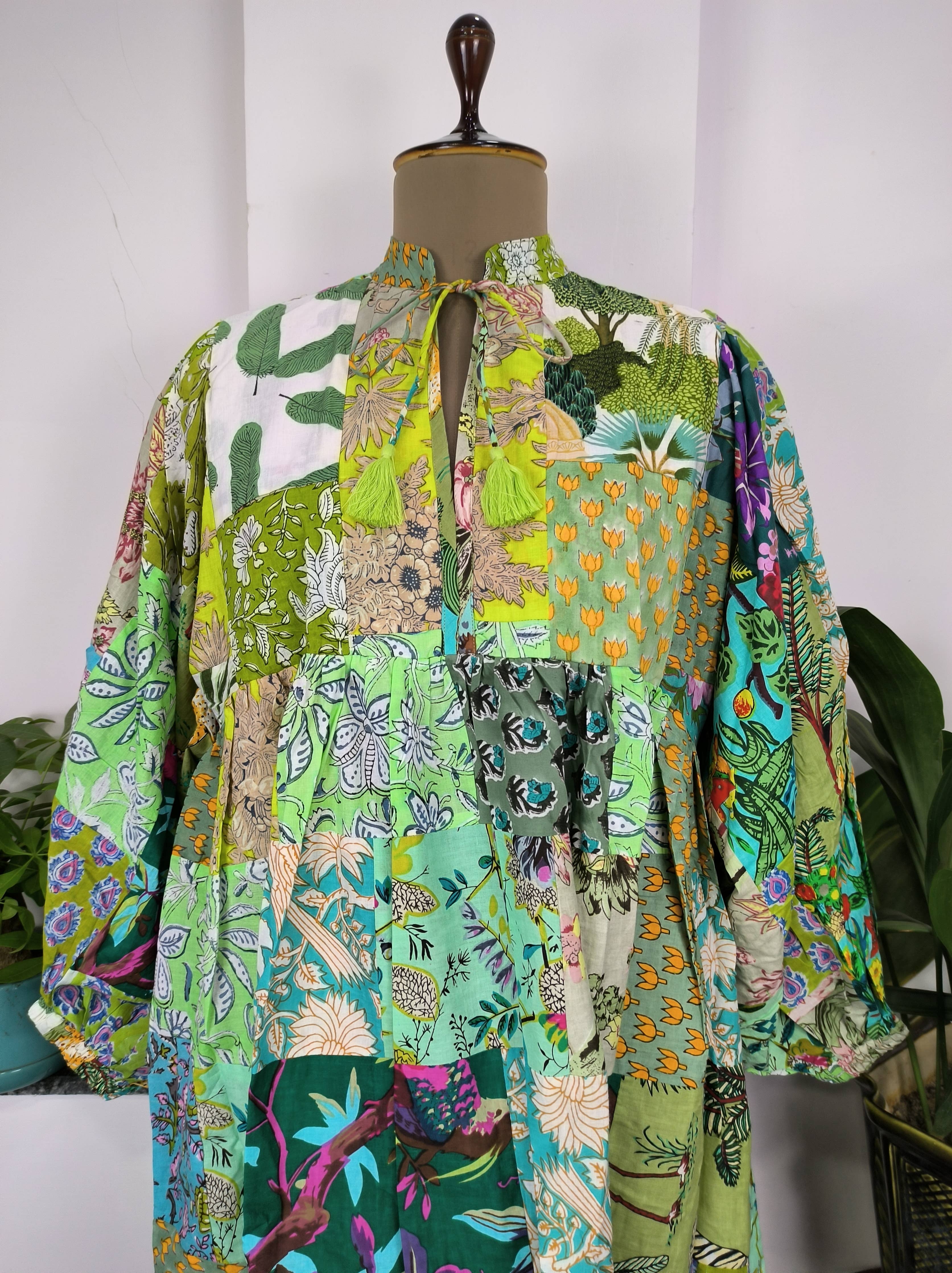 Hand Patchwork Dress - Green Cotton