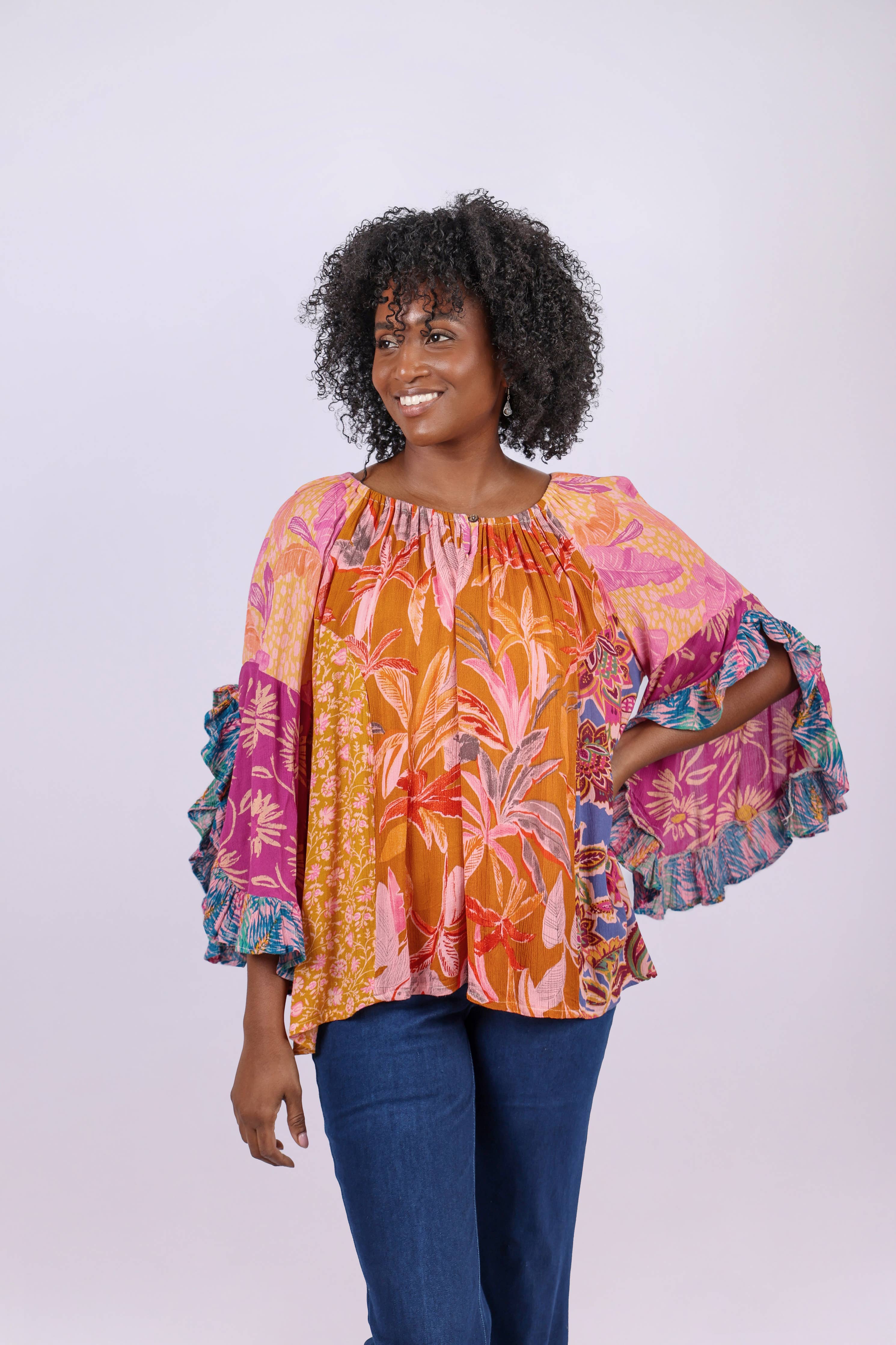 Flair Sleeve Floral Blouse: Rose Meadow Patchwork