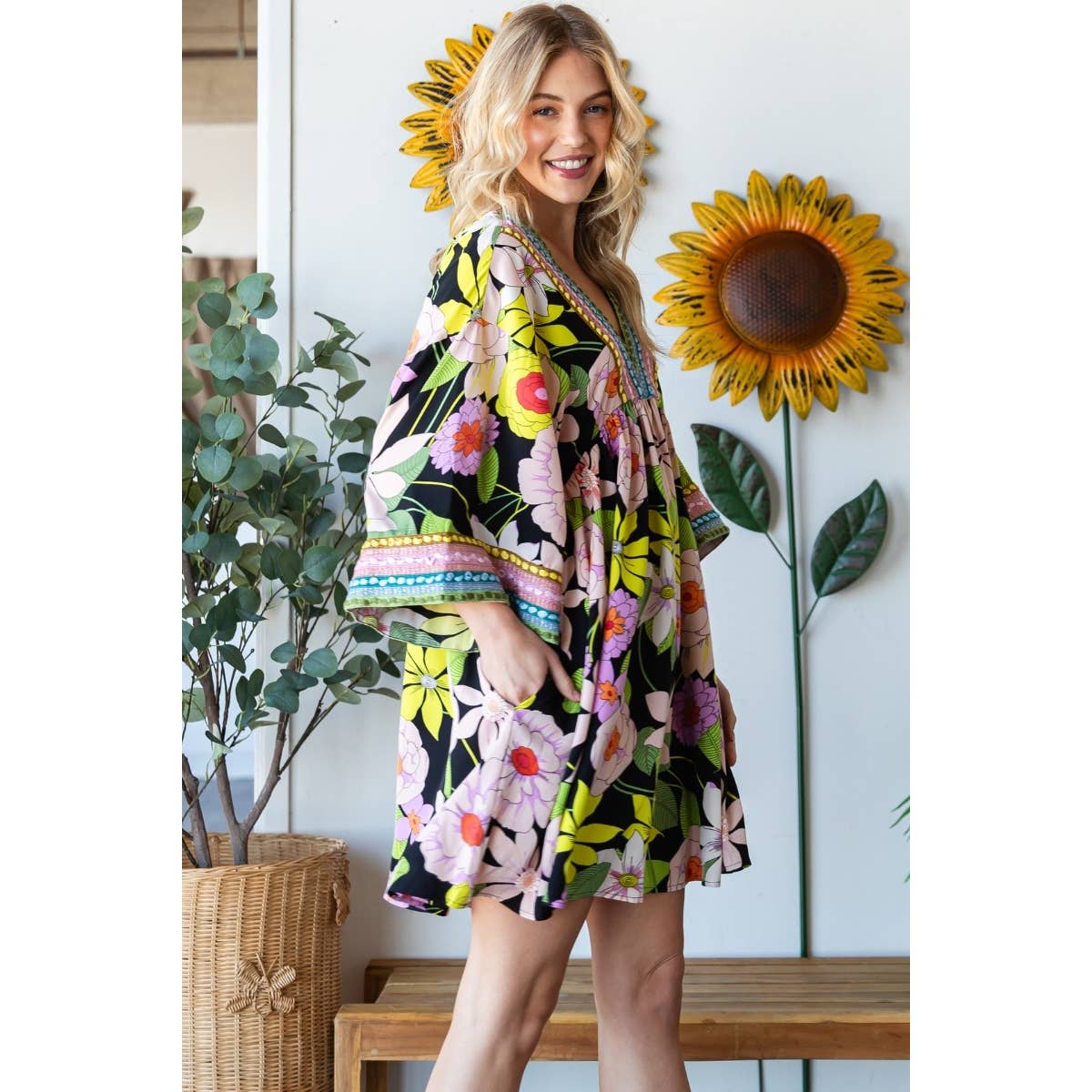 Vintage Big Floral Embroidered Neckline Dress *Final Sale*