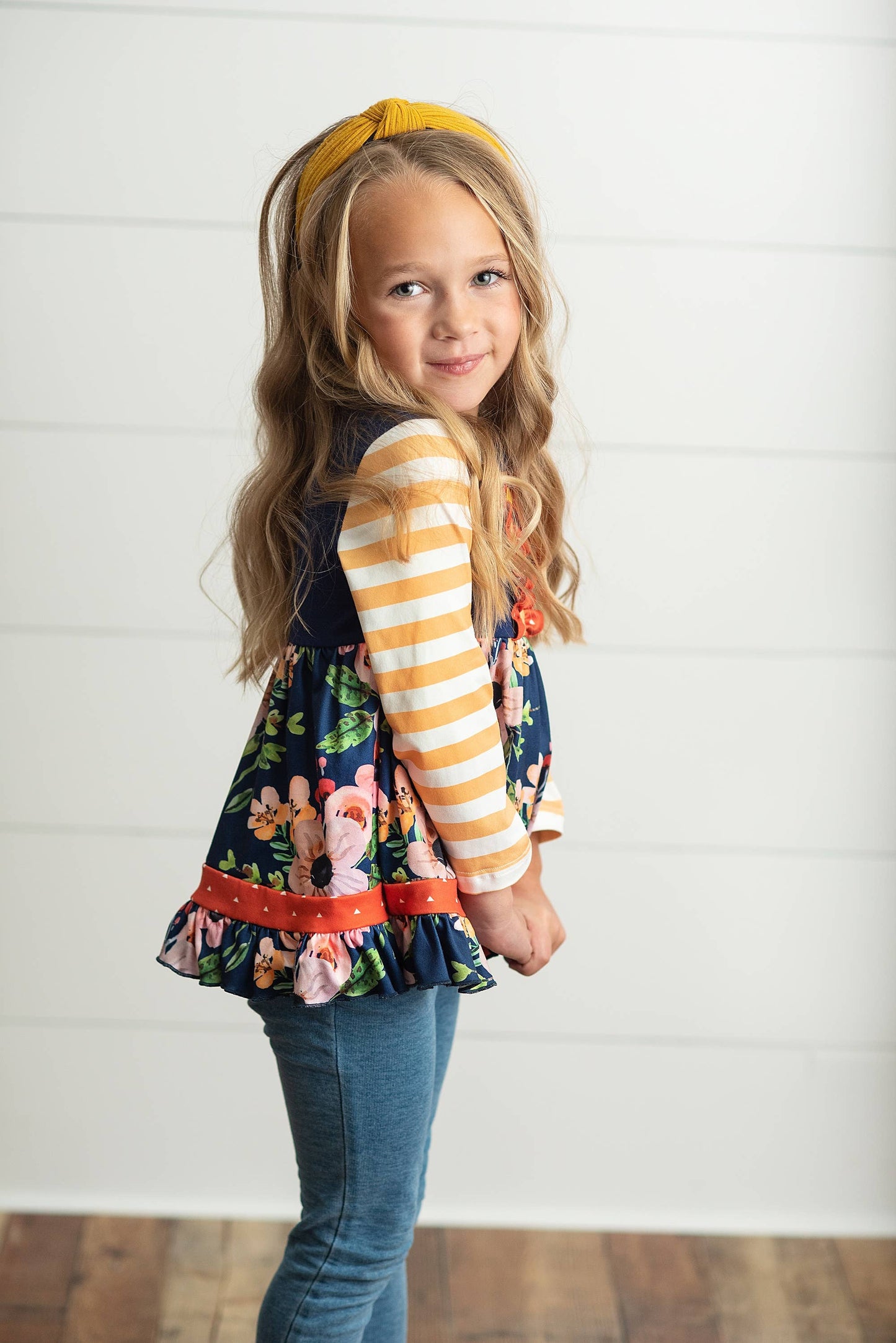 Kids Navy & Mustard Stripe Ruffle Button Long Sleeve Shirt