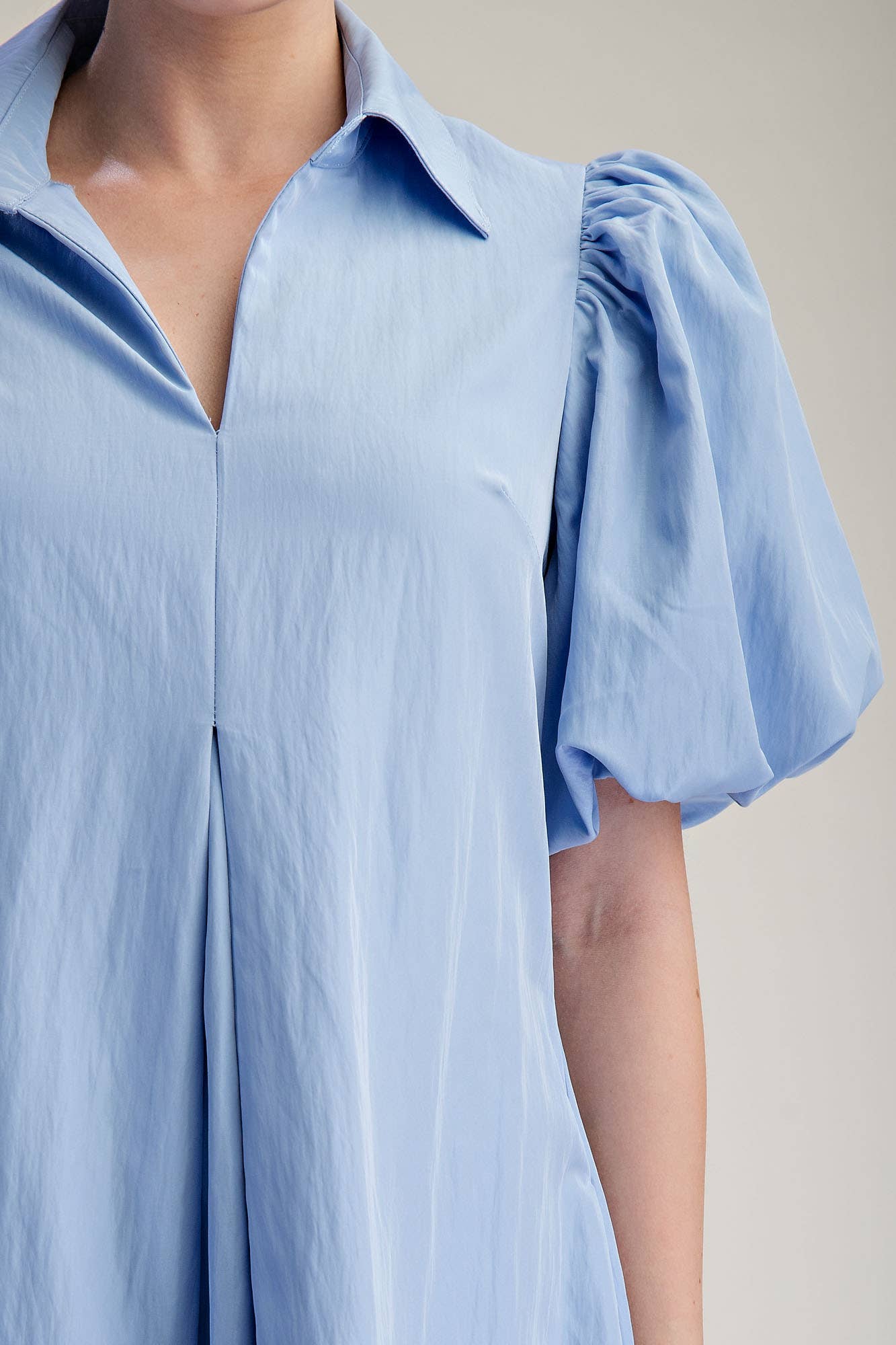 Collar V-Neck Puff Sleeve Pleated Midi Dress