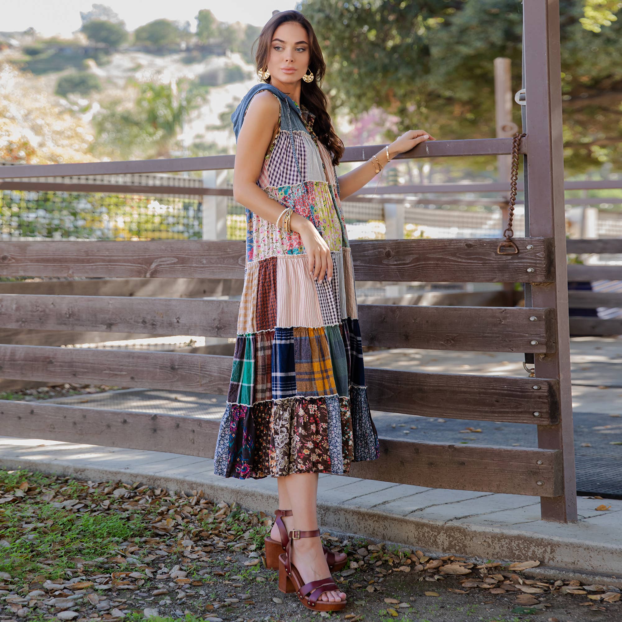 Boho Patchwork Sleeveless Maxi Duster With Hoodie NEW