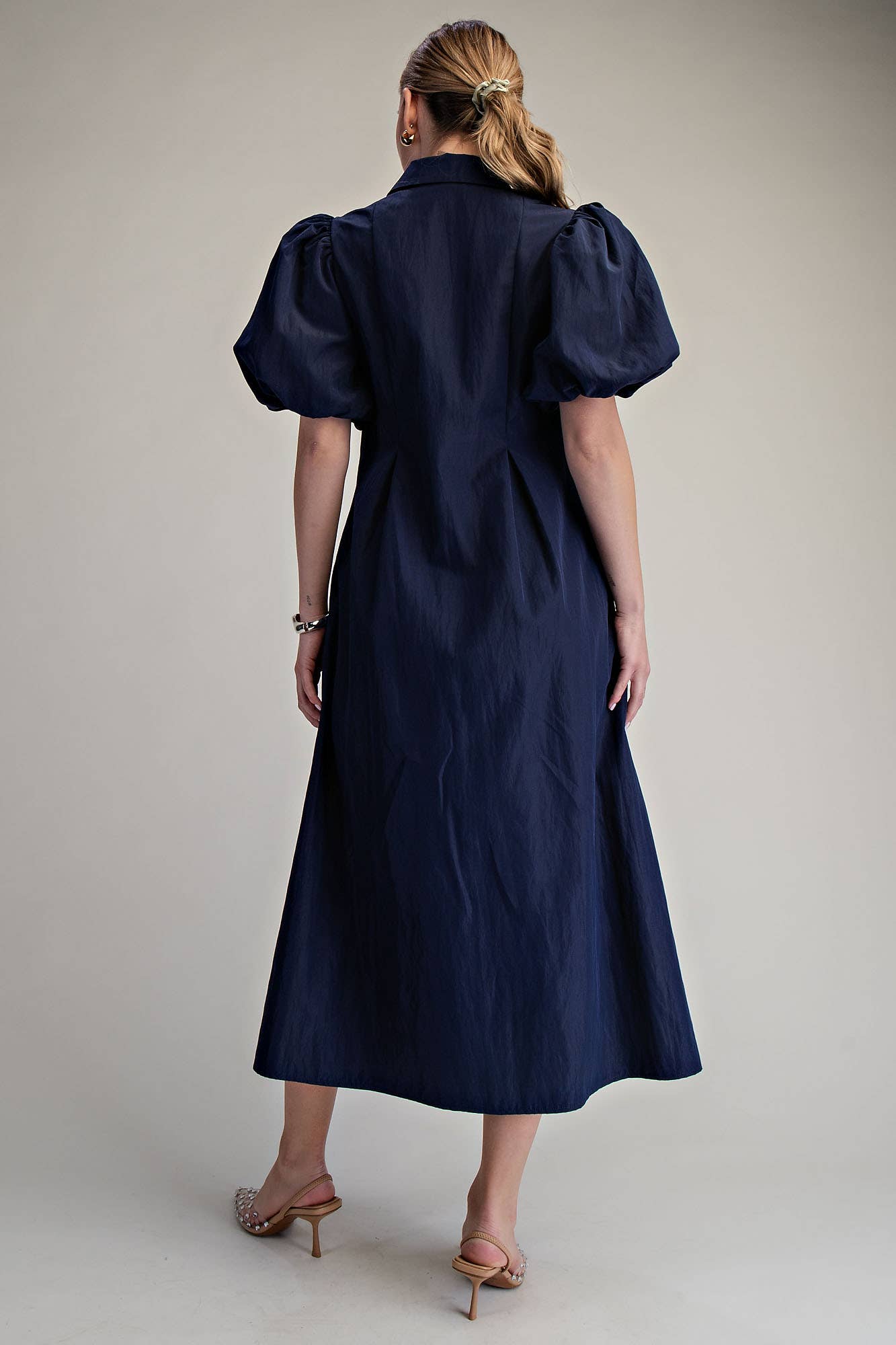 Collar V-Neck Puff Sleeve Pleated Midi Dress