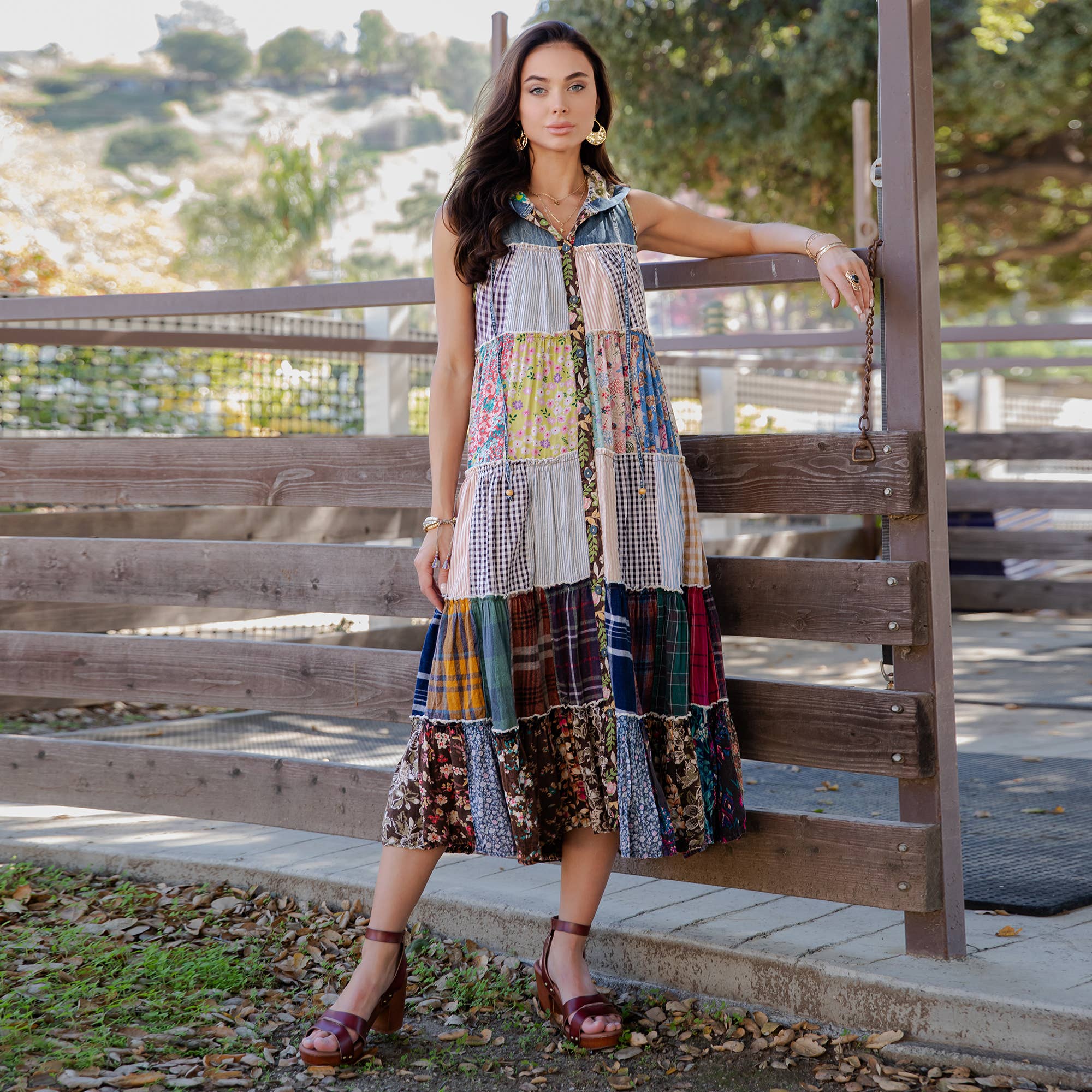 Boho Patchwork Sleeveless Maxi Duster With Hoodie NEW