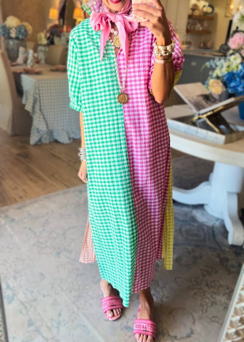 Boho & Party Colorblock Gingham Plaid Shirt Dress
