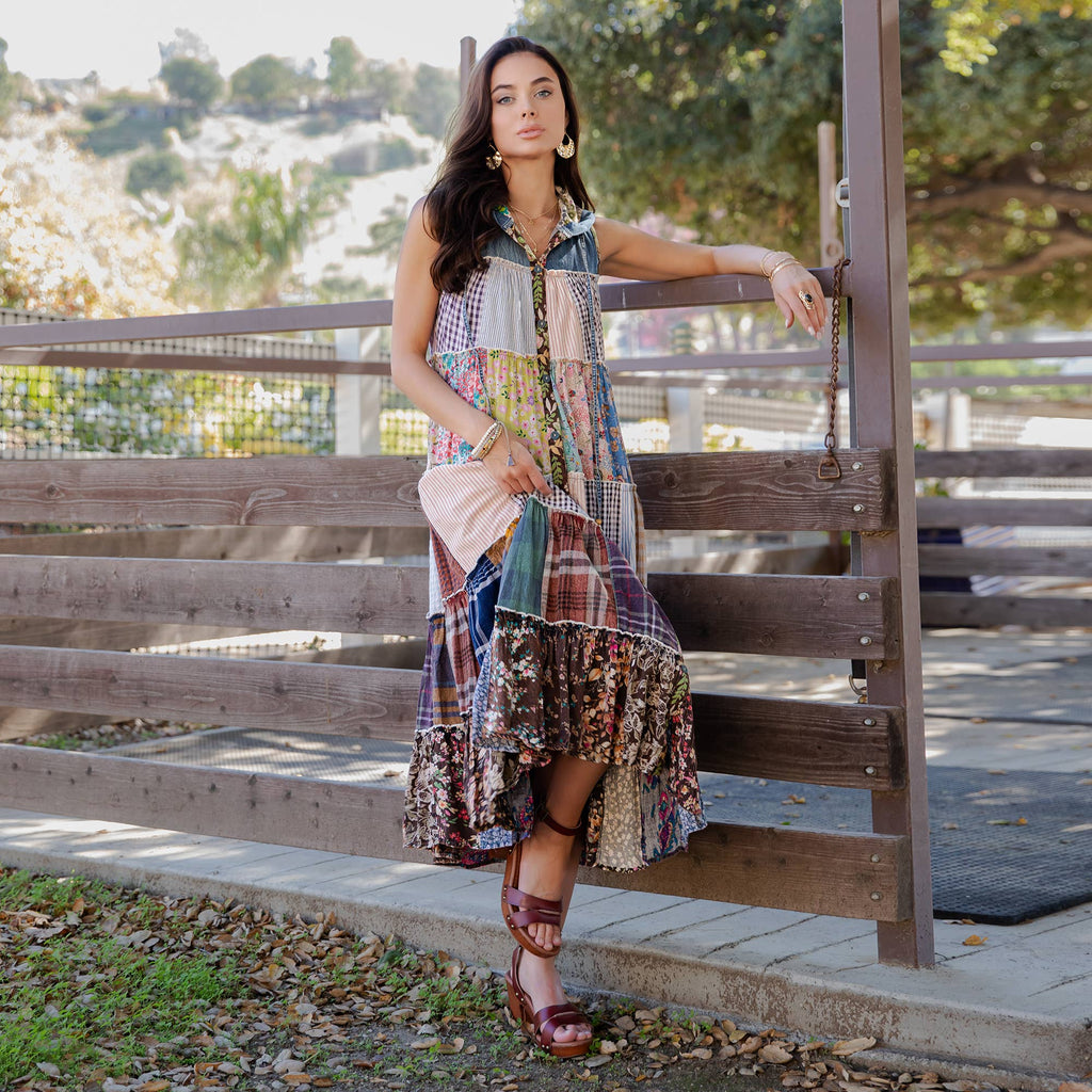 Boho Patchwork Sleeveless Maxi Duster With Hoodie NEW