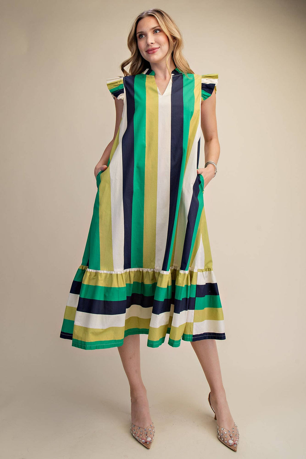 Ruffle Neck Sleeveless Flutter Stripe Midi Dress