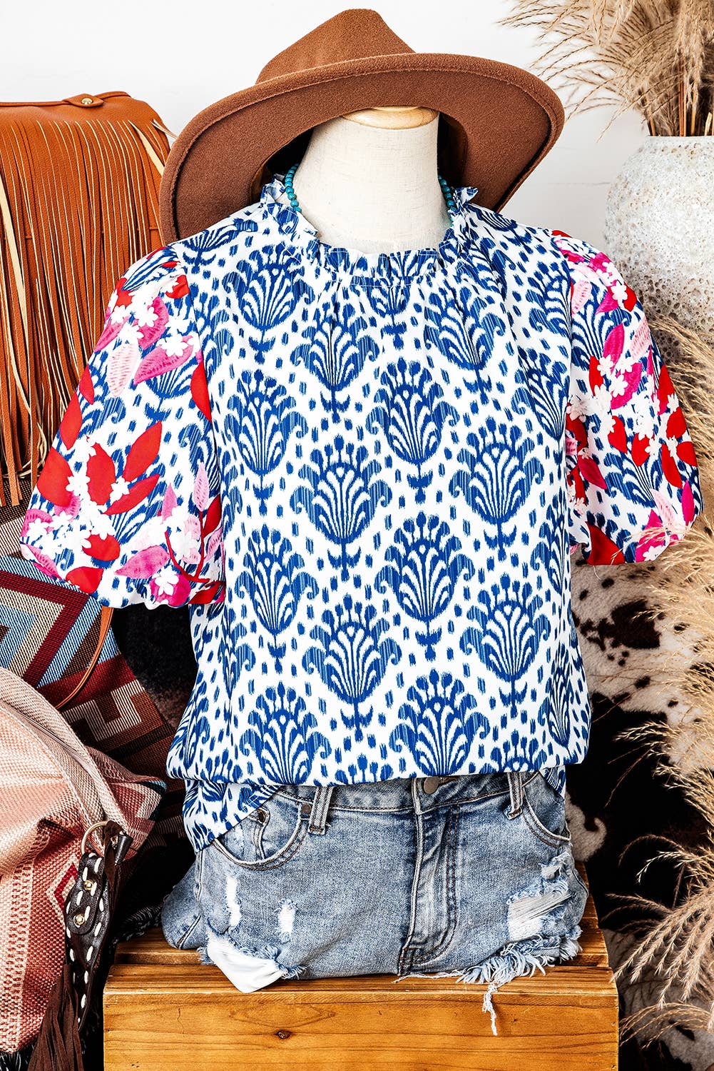 Western Fashion Print Floral Puff Sleeve Frill Neck Blouse