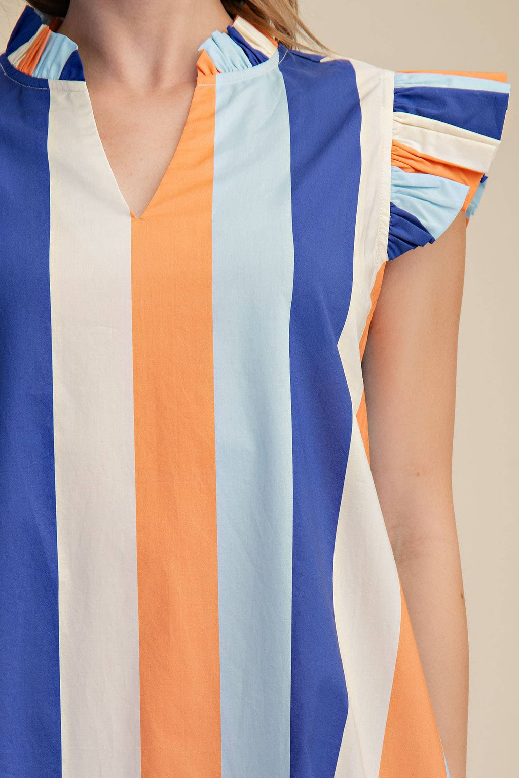 Ruffle Neck Sleeveless Flutter Stripe Midi Dress