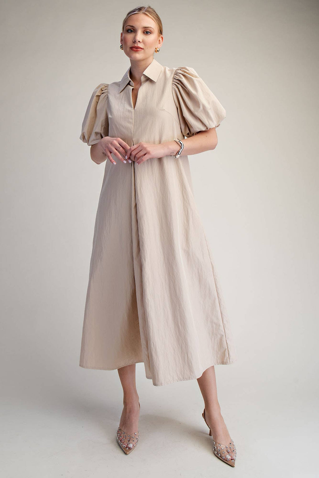 Collar V-Neck Puff Sleeve Pleated Midi Dress