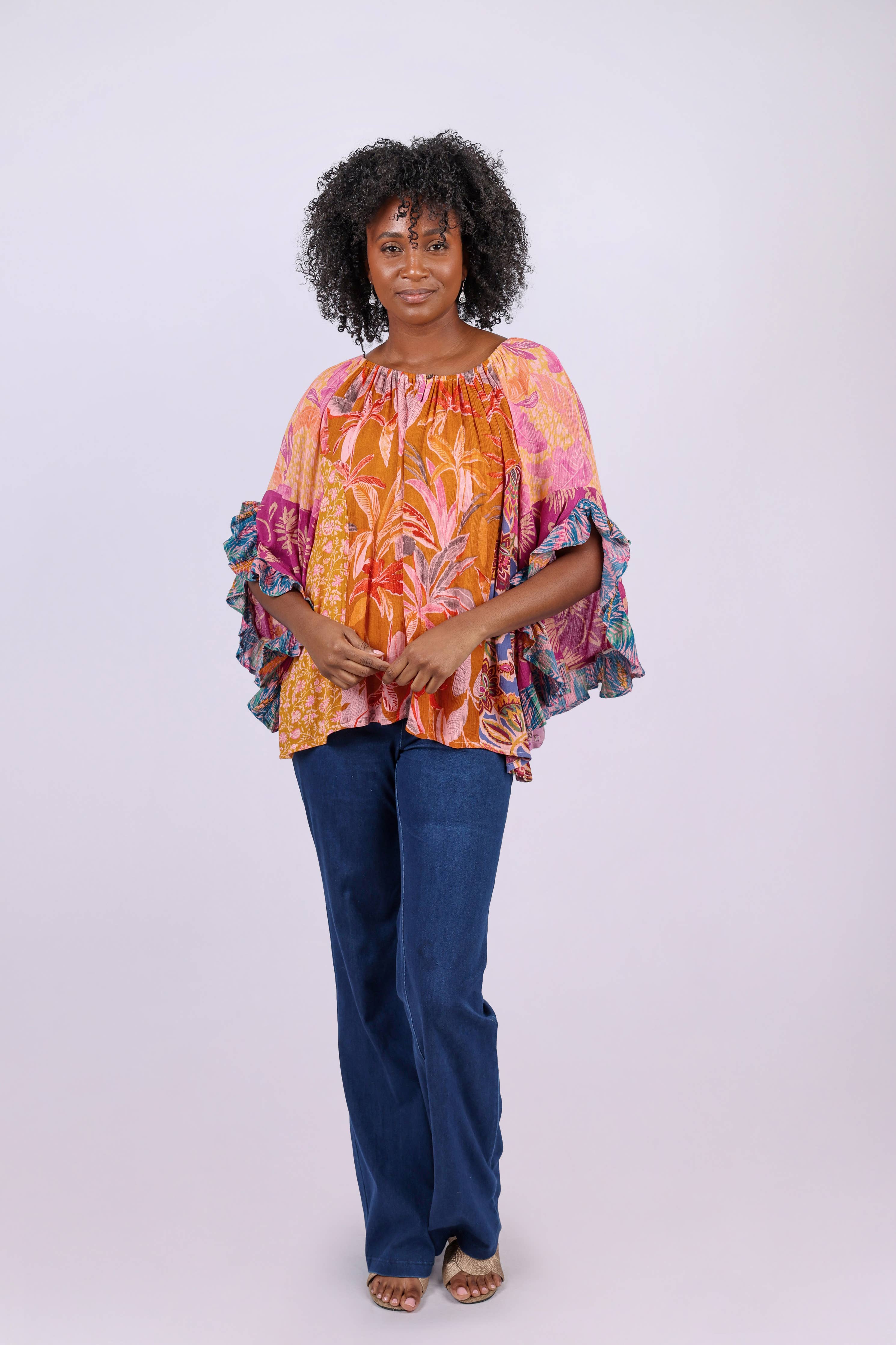 Flair Sleeve Floral Blouse: Rose Meadow Patchwork