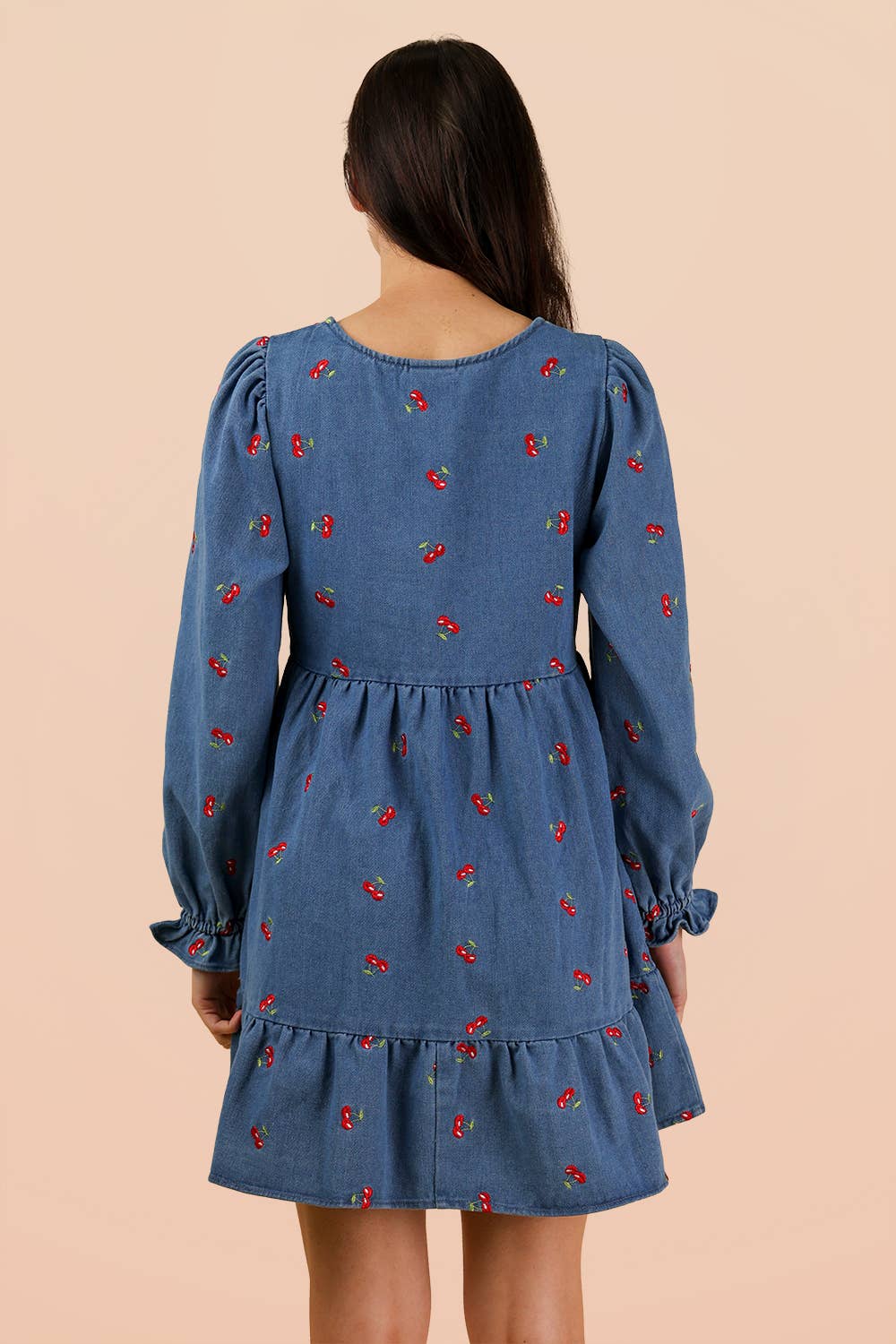 ND31898-Soft Washed Denim Printed Casual Mini Dress