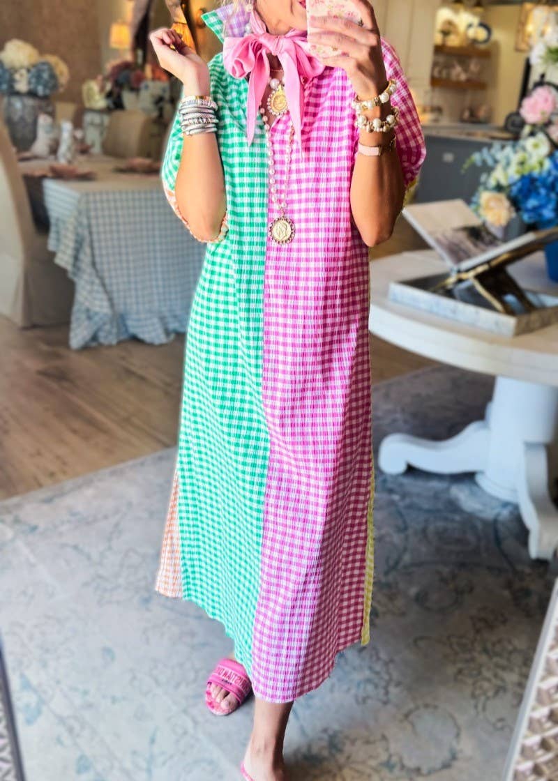 Boho & Party Colorblock Gingham Plaid Shirt Dress
