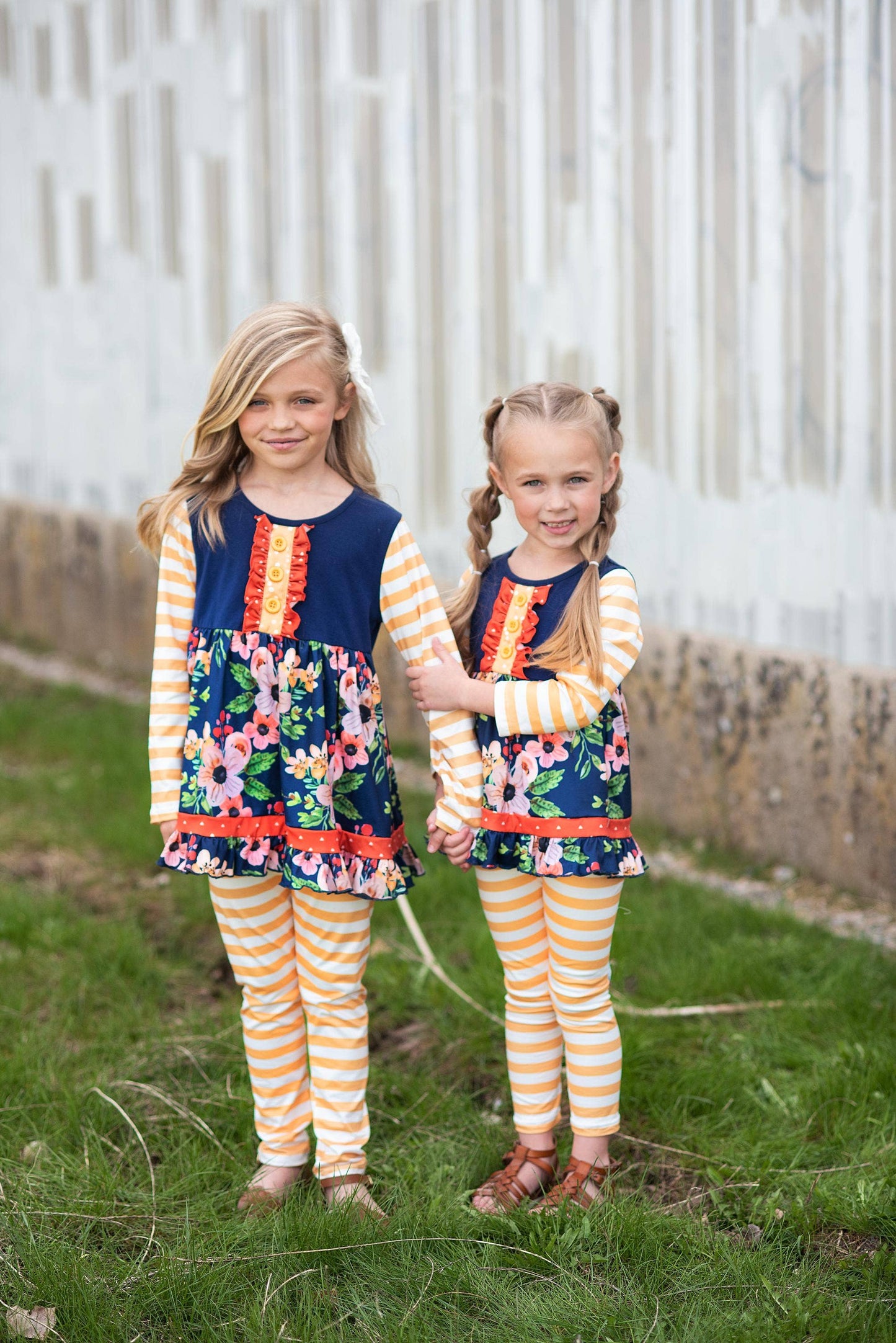 Kids Navy & Mustard Stripe Ruffle Button Long Sleeve Shirt