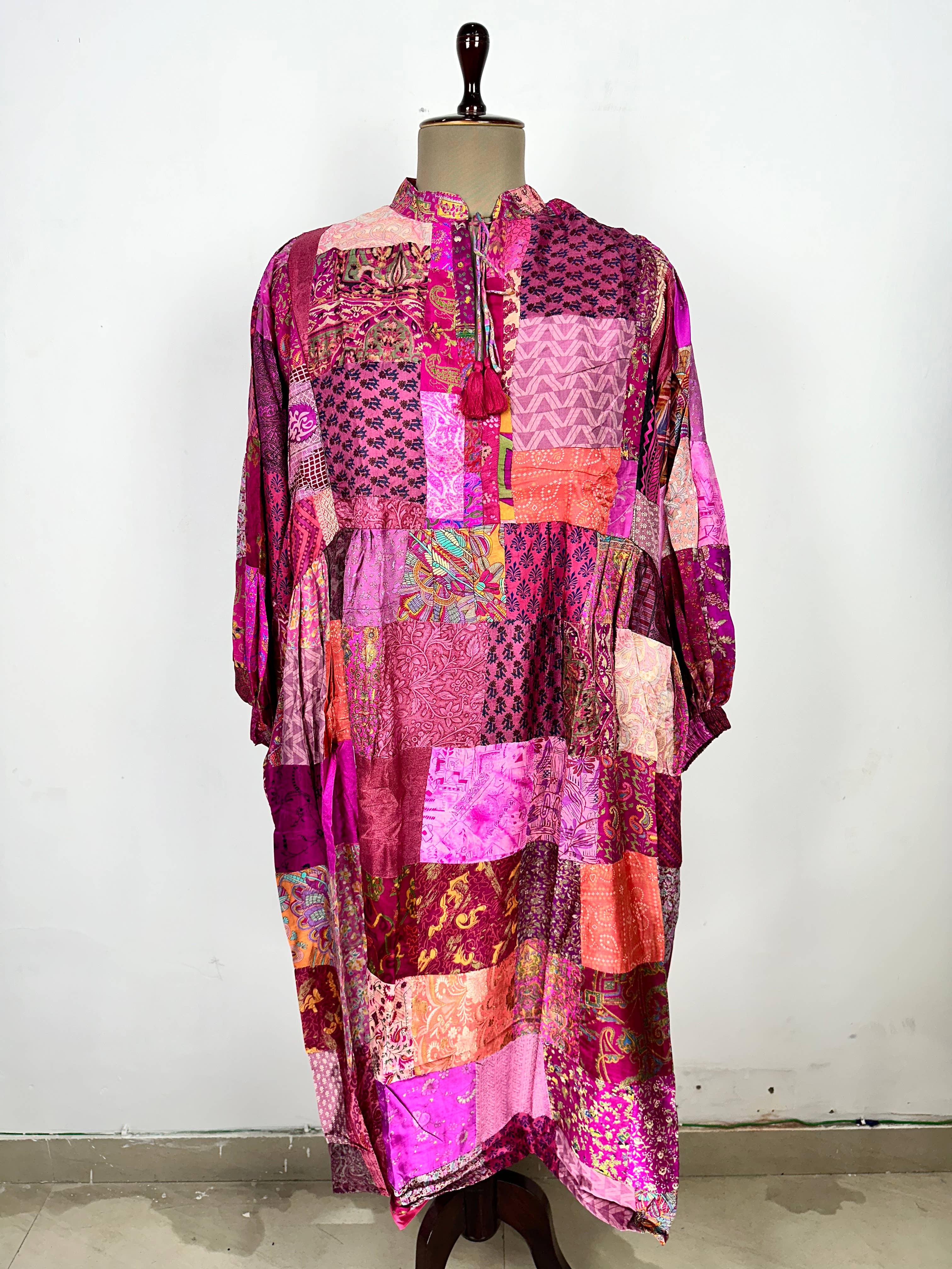 Hand Patchwork Dress - Pink Silk