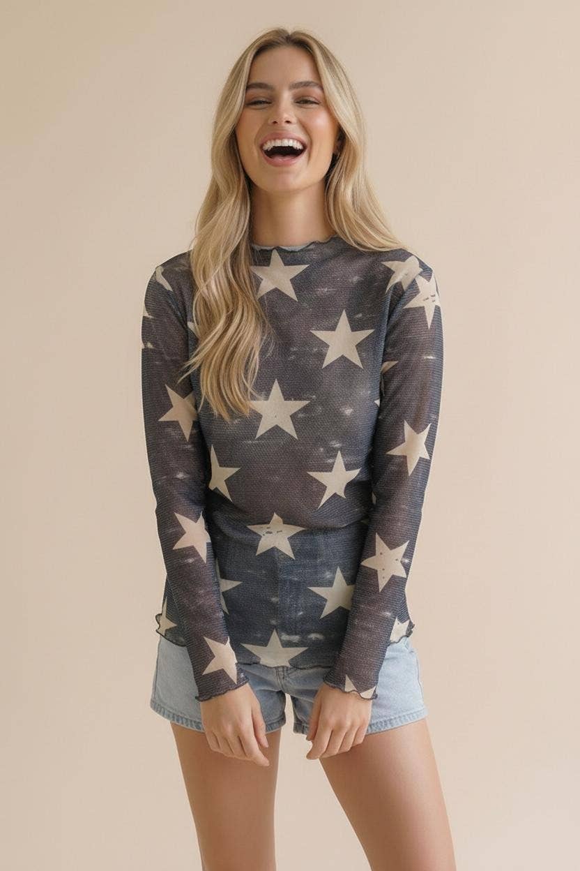 High Neck Line Vintage Star Print Mesh Top