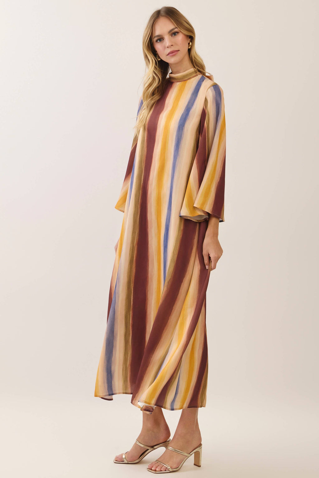 Watercolor striped tie neck maxi dress
