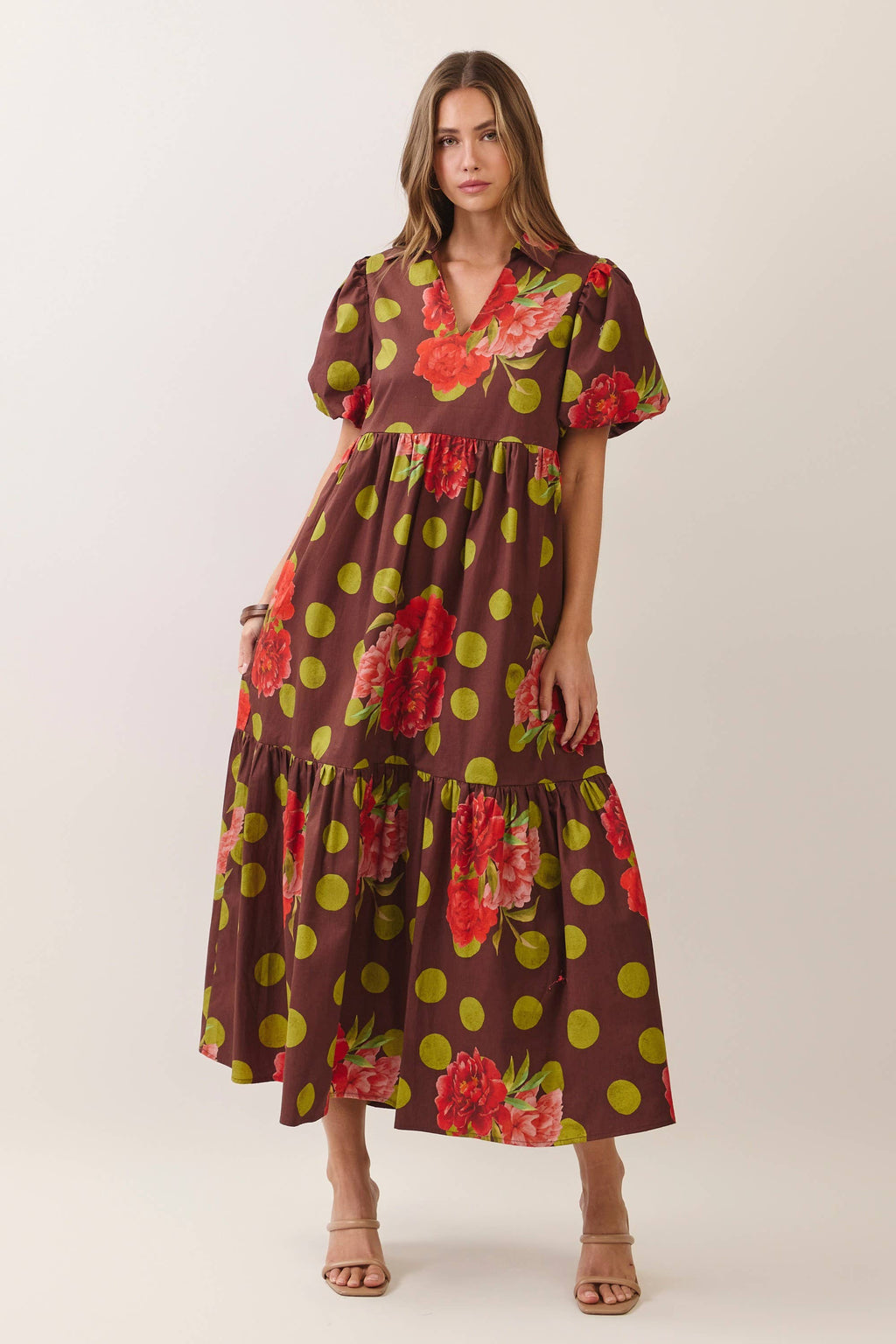 CD07547-Floral Polka Dot Tiered Maxi Dress